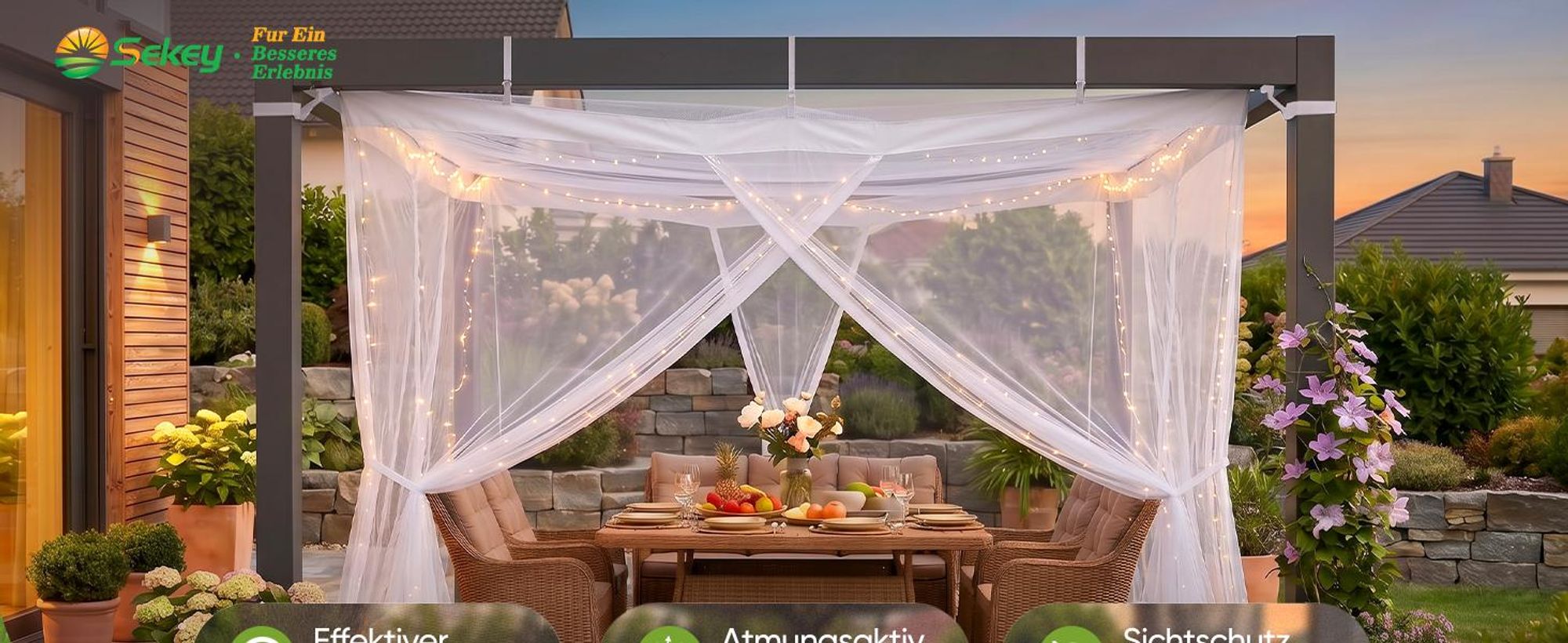 Sekey Moskitonetz Pavillon 3,5x2,5x2,5m Insektenschutz Garten Outdoor Balkon Fliegennetz für Pergola Garten groß Mückenschutz stabil