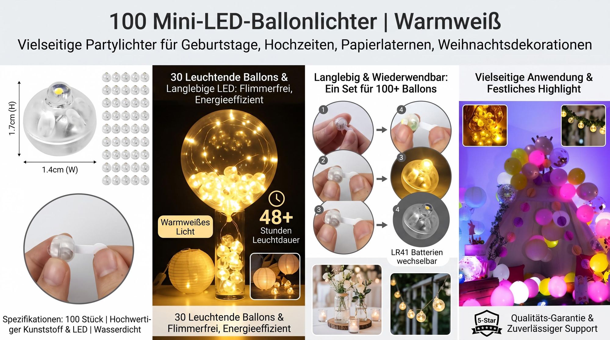 100 Mini-LED-Ballonlichter, warmweiße runde Partylichter für Geburtstage, Hochzeiten, Papierlaternen, Weihnachtsdekorationen