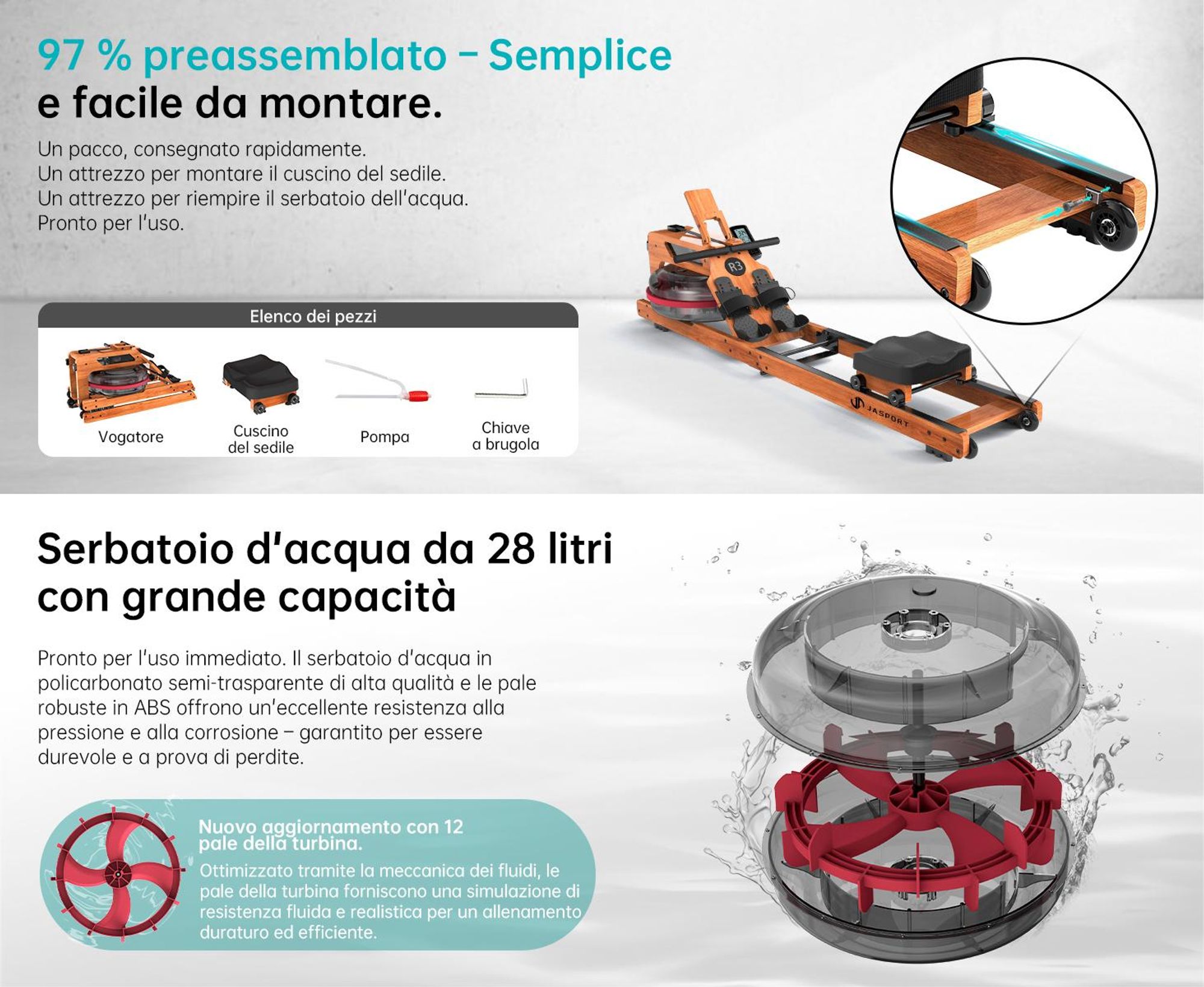 JASPORT R3 Vogatore pieghevole con display LCD Bluetooth, compatibile con Kinomap, serbatoio dell'acqua da 28 litri, portata massima 150 kg - Colore ciliegio