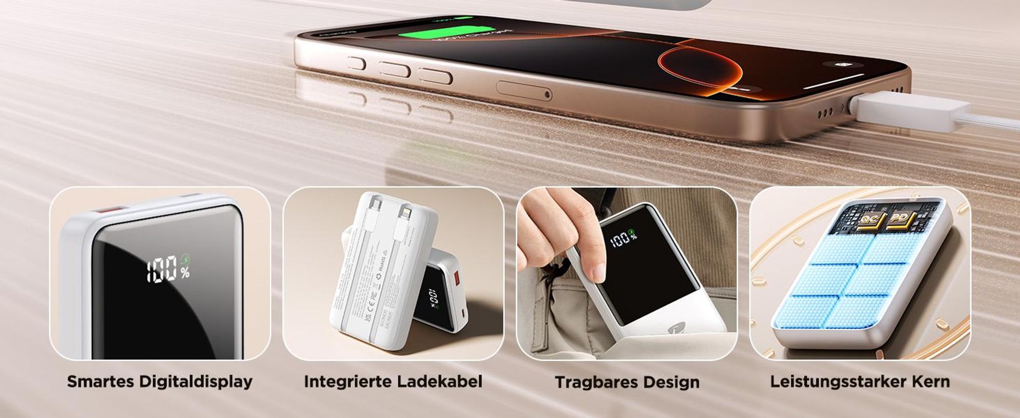 Powerbank, 20000mAh Tragbares Ladegerät, 22.5W Schnellladung, Externer Akku, mit 2 Kabel und LED-Display, für iPhone/Samsung
