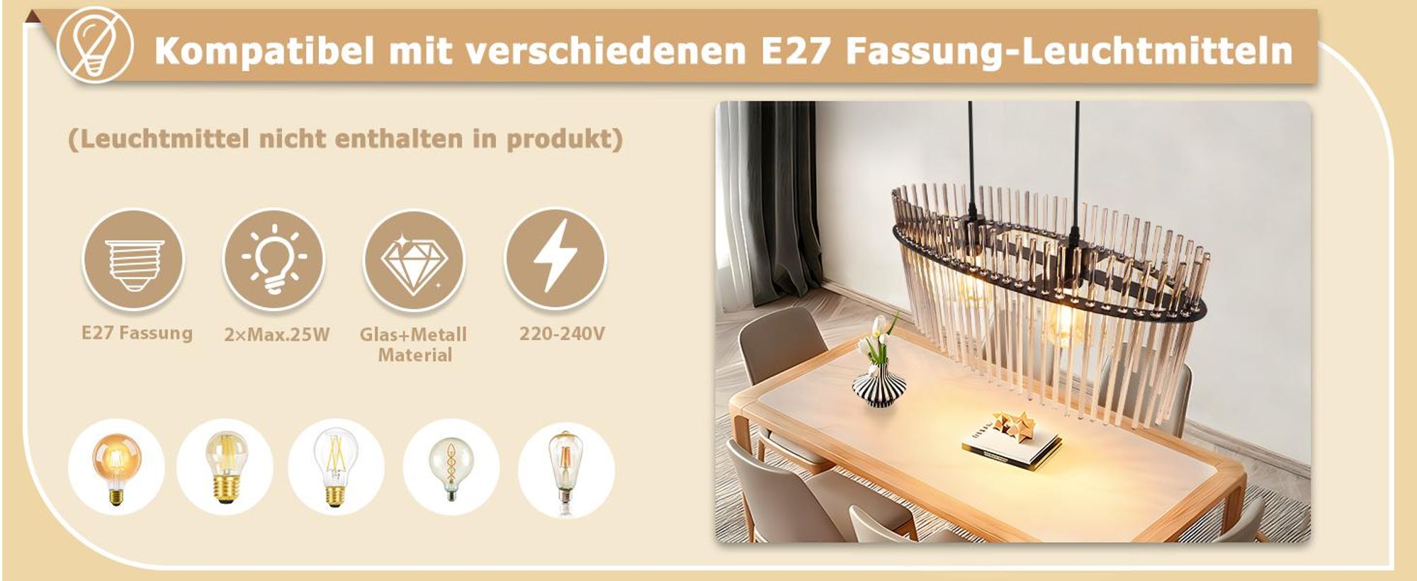 ZMH  Pendelleuchte 2 Flammig Hängeleuchte Esstisch E27 Pendellampe Esstischlampe Hängend Glasschirm Ø60cm für Küche Wohnzimmer(ohne Leuchtmittel)