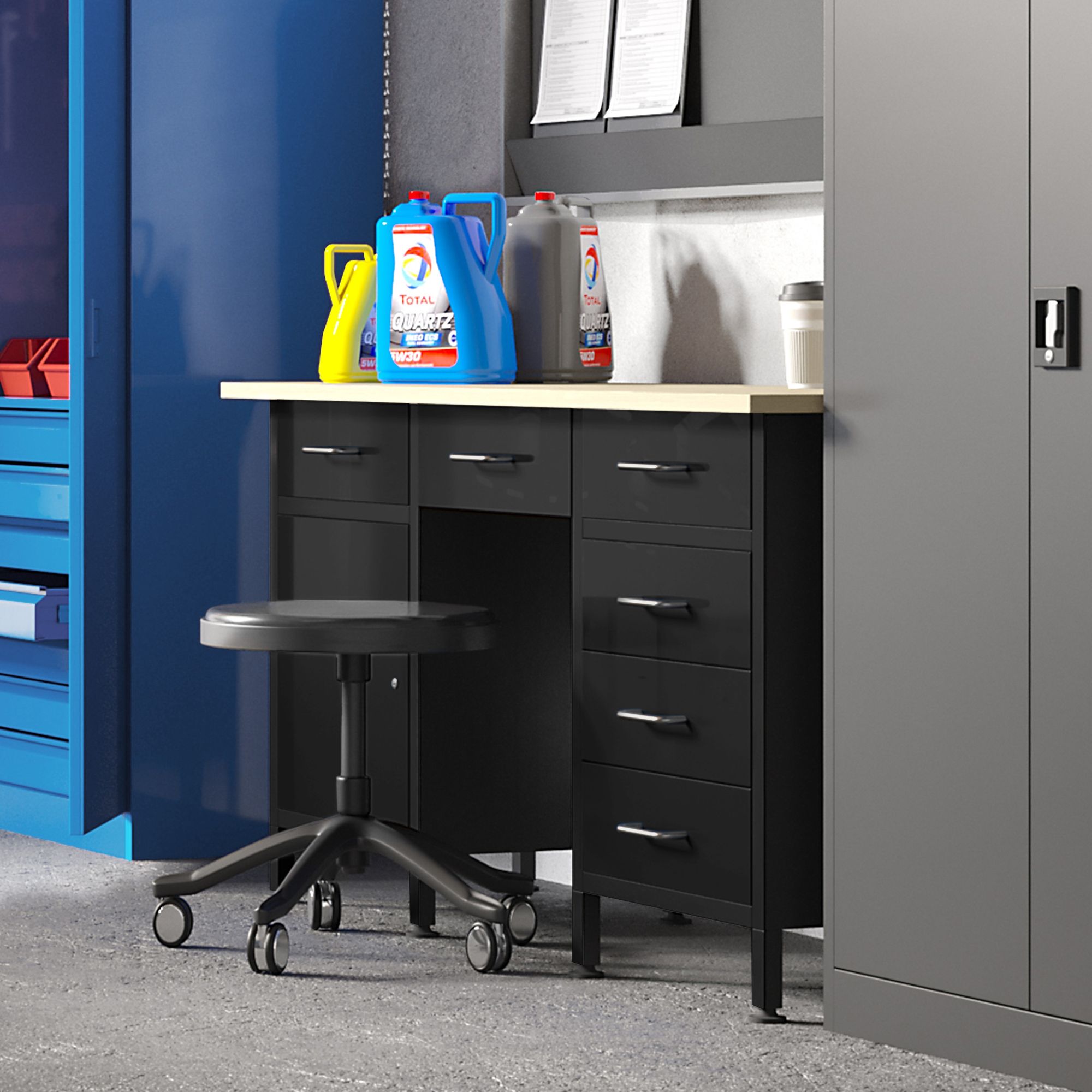Werkbank mit Arbeitsplatte Werktisch mit 6 Schubladen Schließfach Verstellbare Füße MDF-Arbeitsplatte Belastbar bis 500 kg Metall 170 cm x 60 cm x 85 cm Farbe: Schwarz