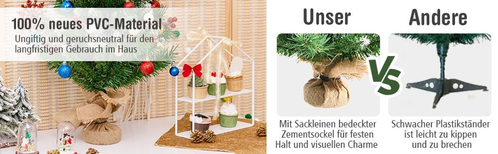 COSTWAY 60cm Kleiner Weihnachtsbaum, Mini Weihnachtsbaum mit 76/108 Zweigen, roten Beeren und Sockel, künstlicher Tisch Weihnachtsbaum für Haus Büro