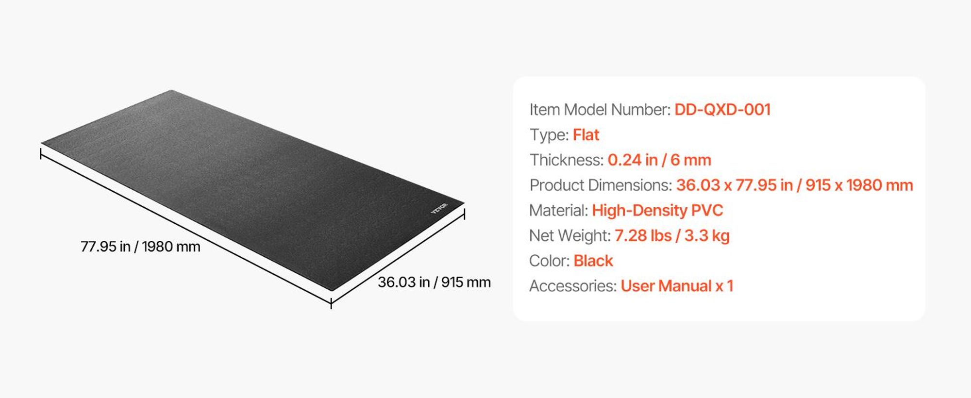 VEVOR Laufbandmatte für Teppichboden Bodenschutzmatte (915 x 1980 mm) für Sportgeräte 6 mm dick, Trainingsgerätematte für Laufbänder Ellipsentrainer Rudergerät, hochdichter PVC-Bodenschutz