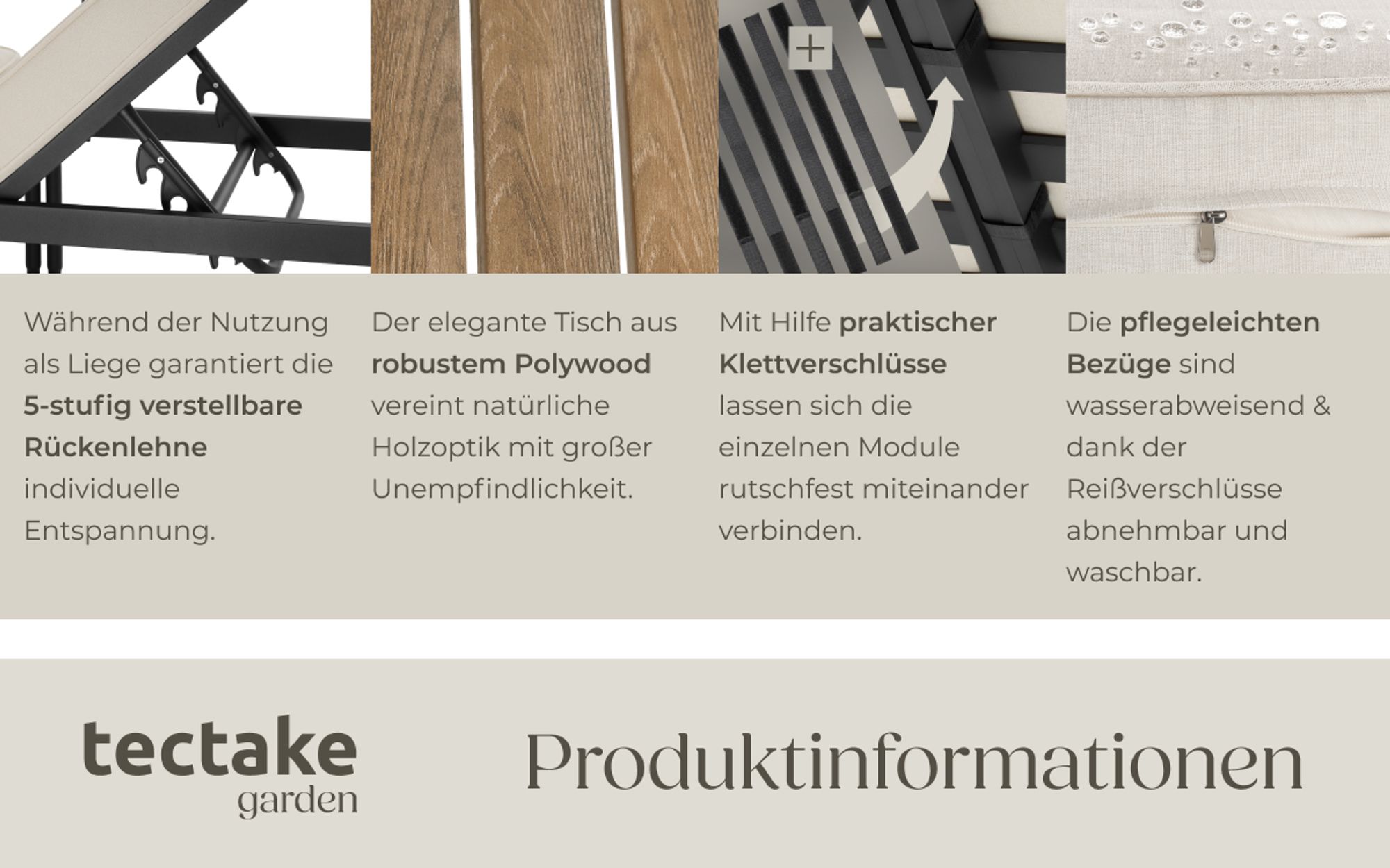 tectake® Aluminium Gartenlounge-Set Magaluf 5 in 1 Funktion, 5-fach verstellbare Lehne, dicke Polsterung