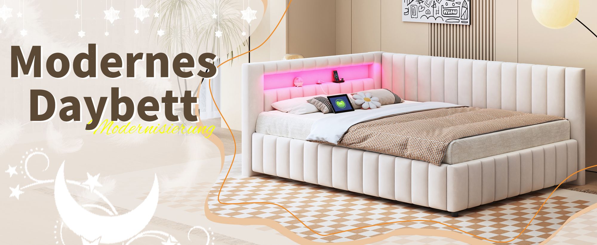 okwish Daybett Polsterbett 140x200, Schlafsofa mit LED-Licht und USB-Ladeanschluss,mit Rückenlehne und Kopfteil,Samtstoff,Beige-Ohne Matratze