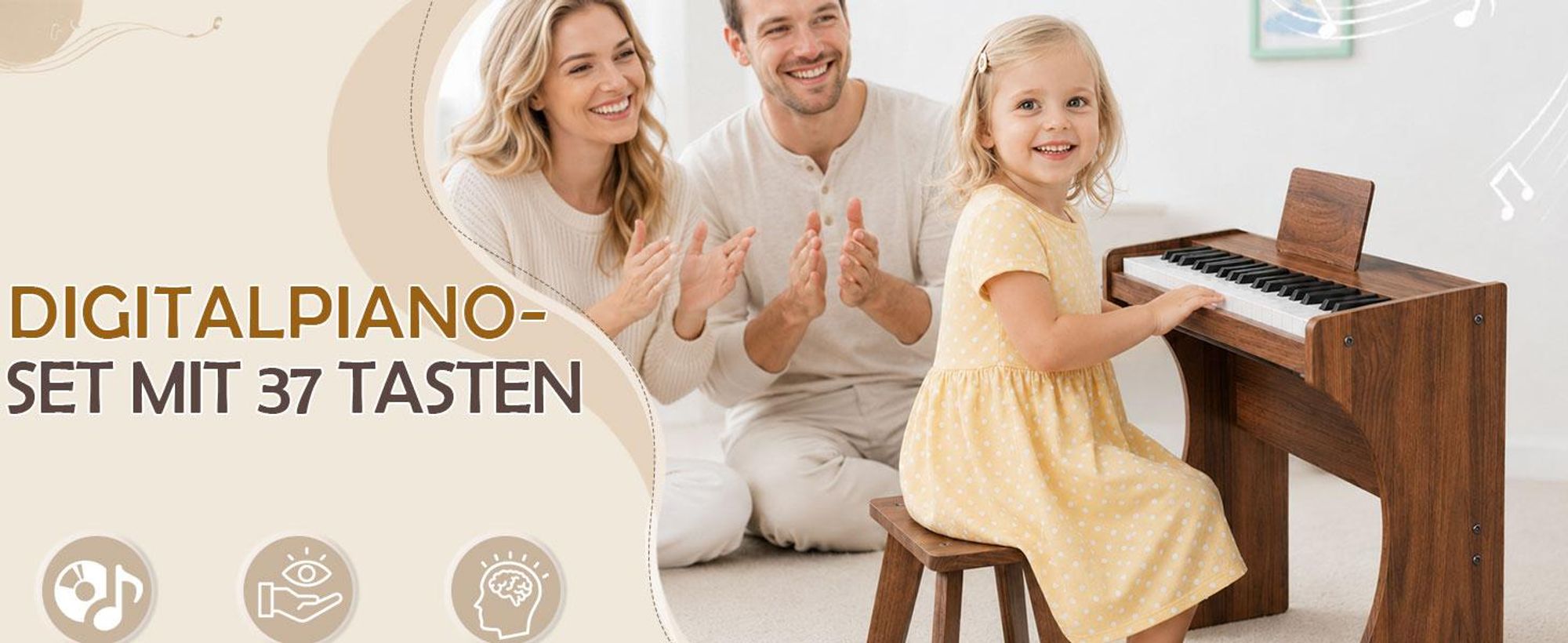 FCH Kinder E-Piano 37 Tasten Komplett Set aus Holz mit Hocker,Kinder-Keyboard,Digitalpiano aus Holz für Kinder ab 3 Jahren，braun