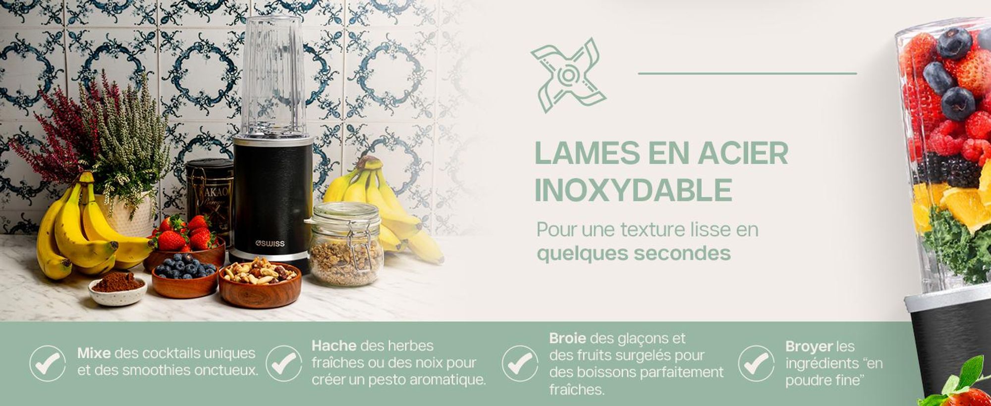 4Swiss NB102 : Blender intelligent multifonction - Mixeur haute performance pour smoothies, broyeur de glace, gobelet à emporter, sans BPA. Idéal pour les milkshakes