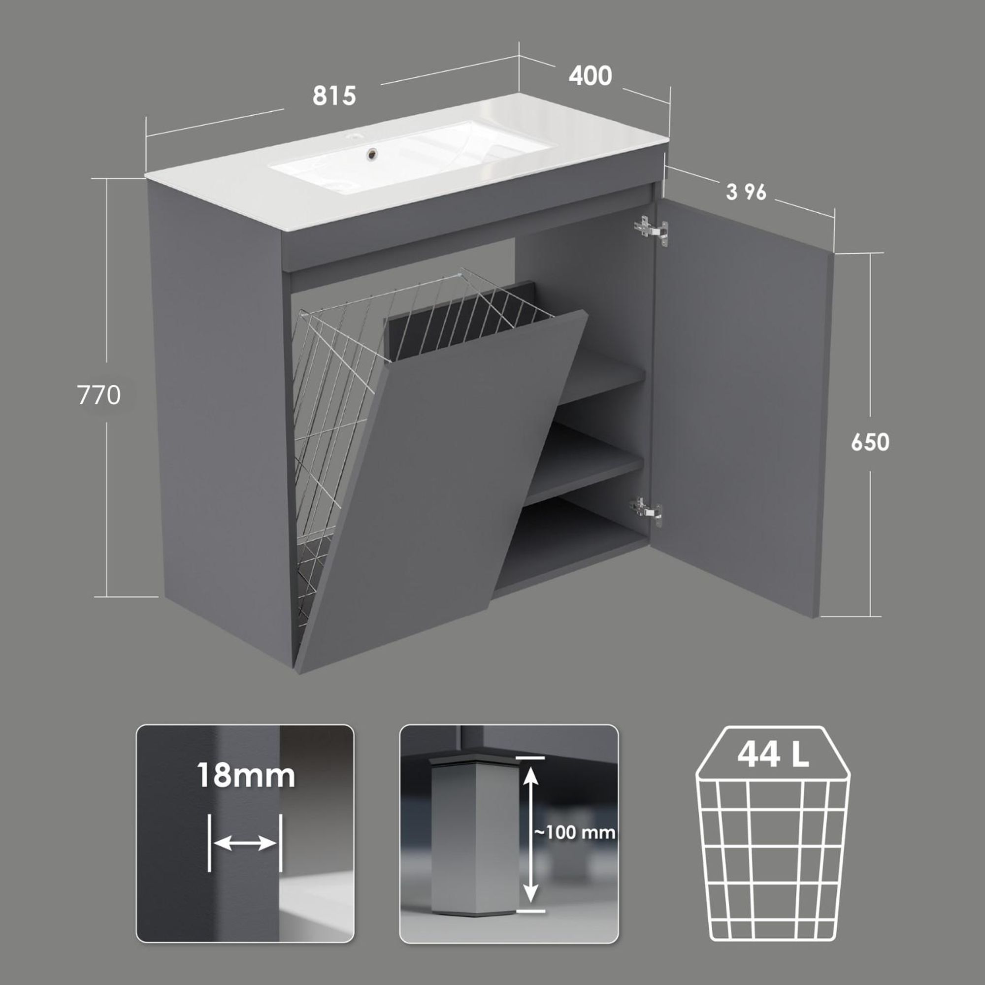 Badezimmerschrank RIBERA mit Keramik Waschbecken und Wäschekorb Eiche Lancelot oder Anthrazit matt, robusteMöbelplatte stehend oder hängend
