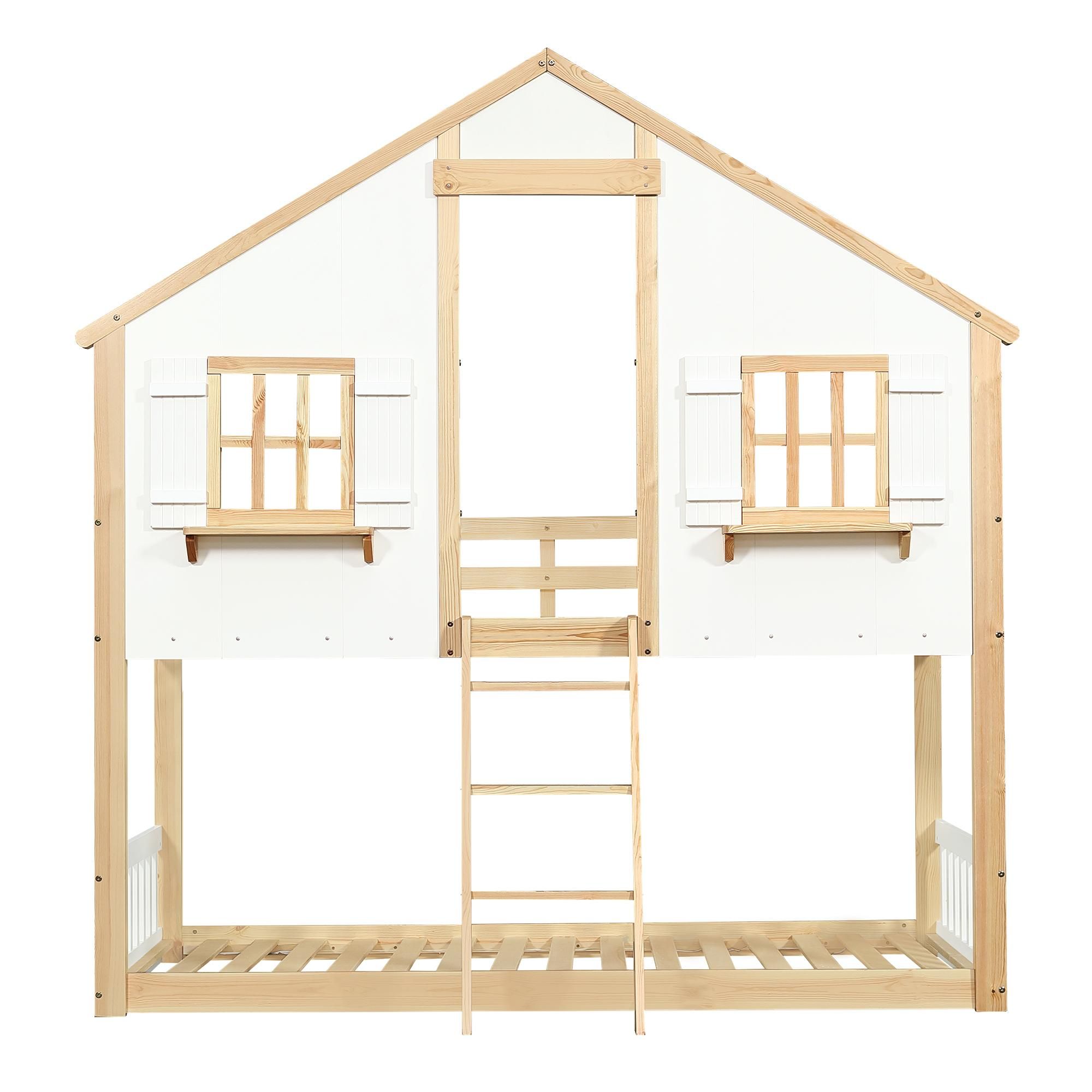 Flieks Etagenbett 90x200cm mit Leiter, Kinderbett Hausbett mit Fenster, Hochbett Stockbett Einzelbett mit Rausfallschutz und Lattenrost, Naturbelassen