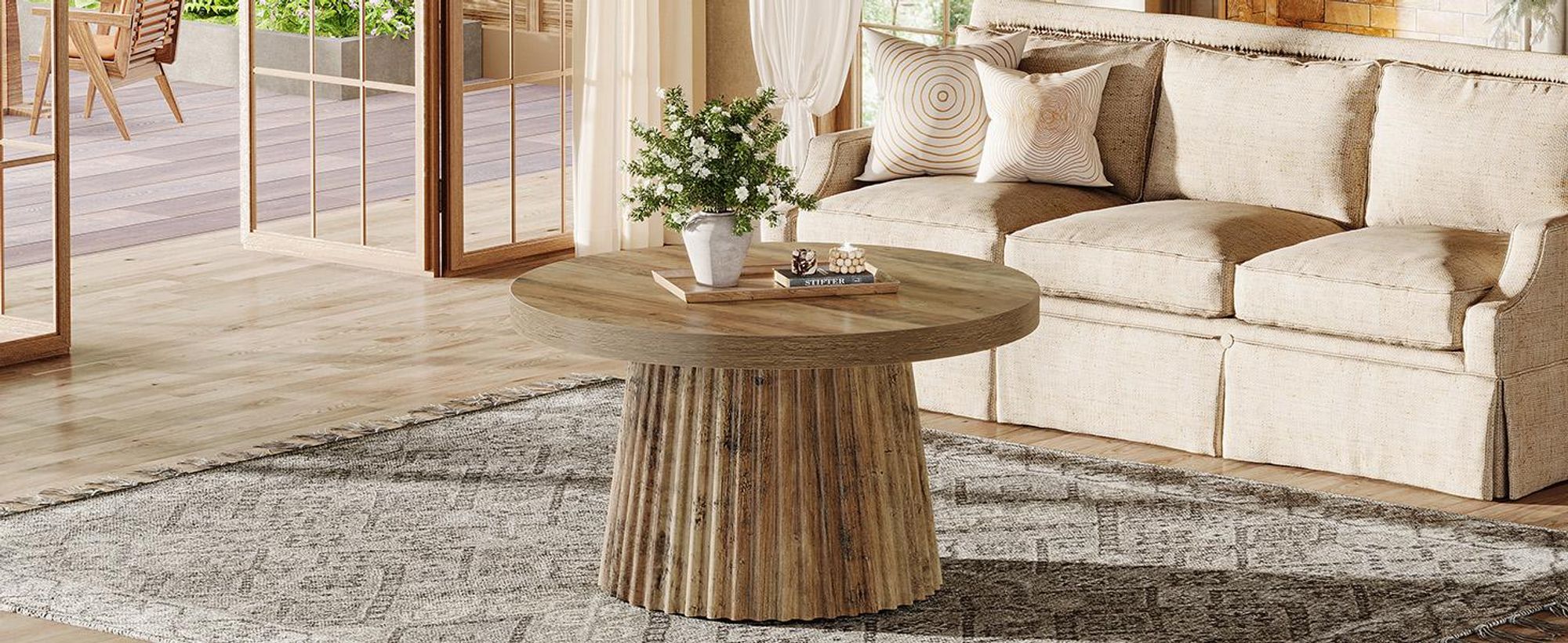 Tribesigns Runder Couchtisch, 80 cm Moderner Wohnzimmertisch mit geriffelter Trommelbasis & Holzoptik, Kaffeetisch für Wohnzimmer, Braun