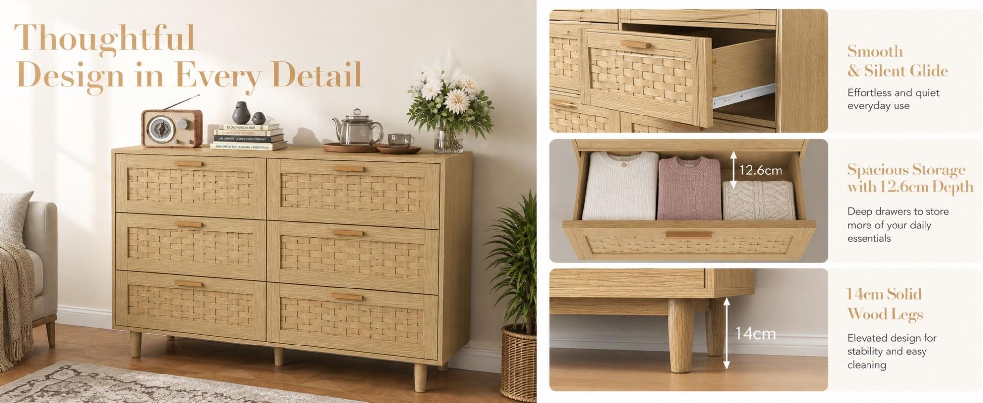 INONEFT Kommode mit Rattan Geflecht 6 Schubladen, Sideboard, Komode, Schubladenschrank, Vorratsschrank, Naturholzfarbe,Eiche H80cm B115cm T40cm