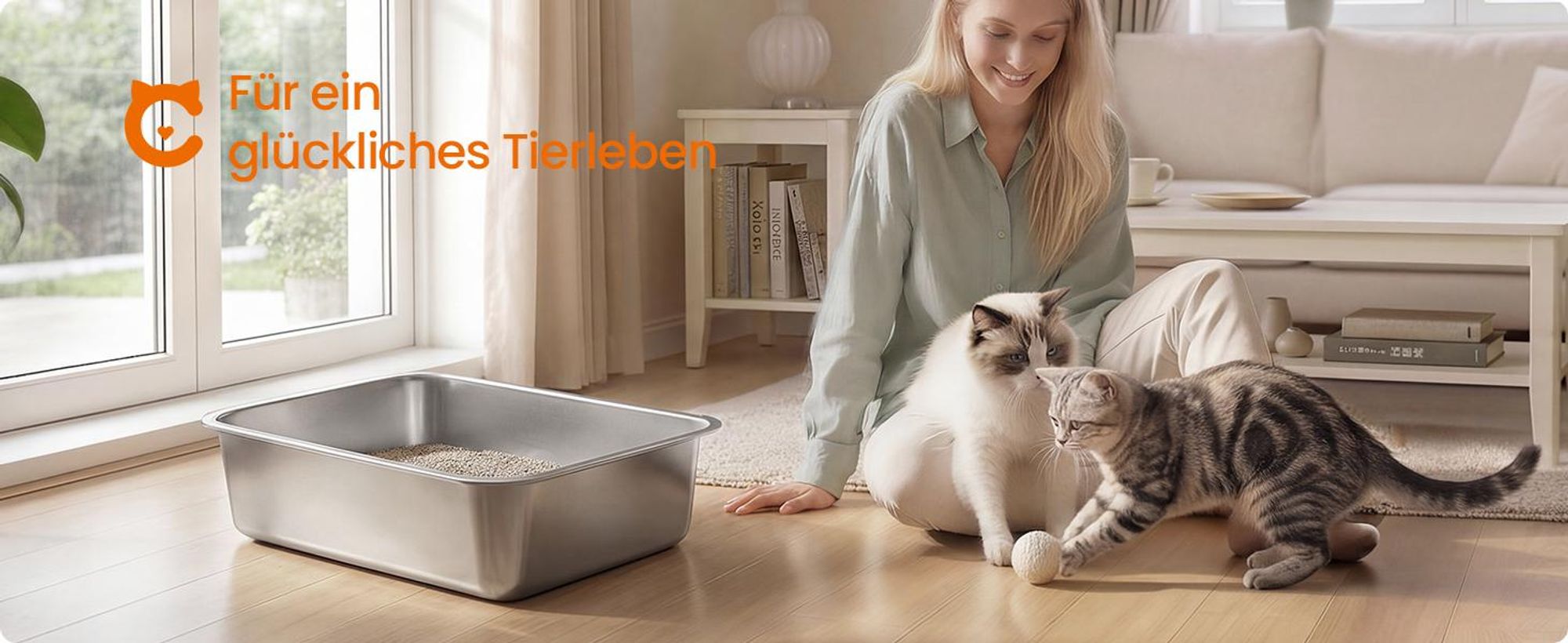 FEANDREA Katzenklo Edelstahl, Katzentoilette mit Schaufel, offen, für mittelgroße und große Katzen, 50 x 35 x 15 cm, silbern