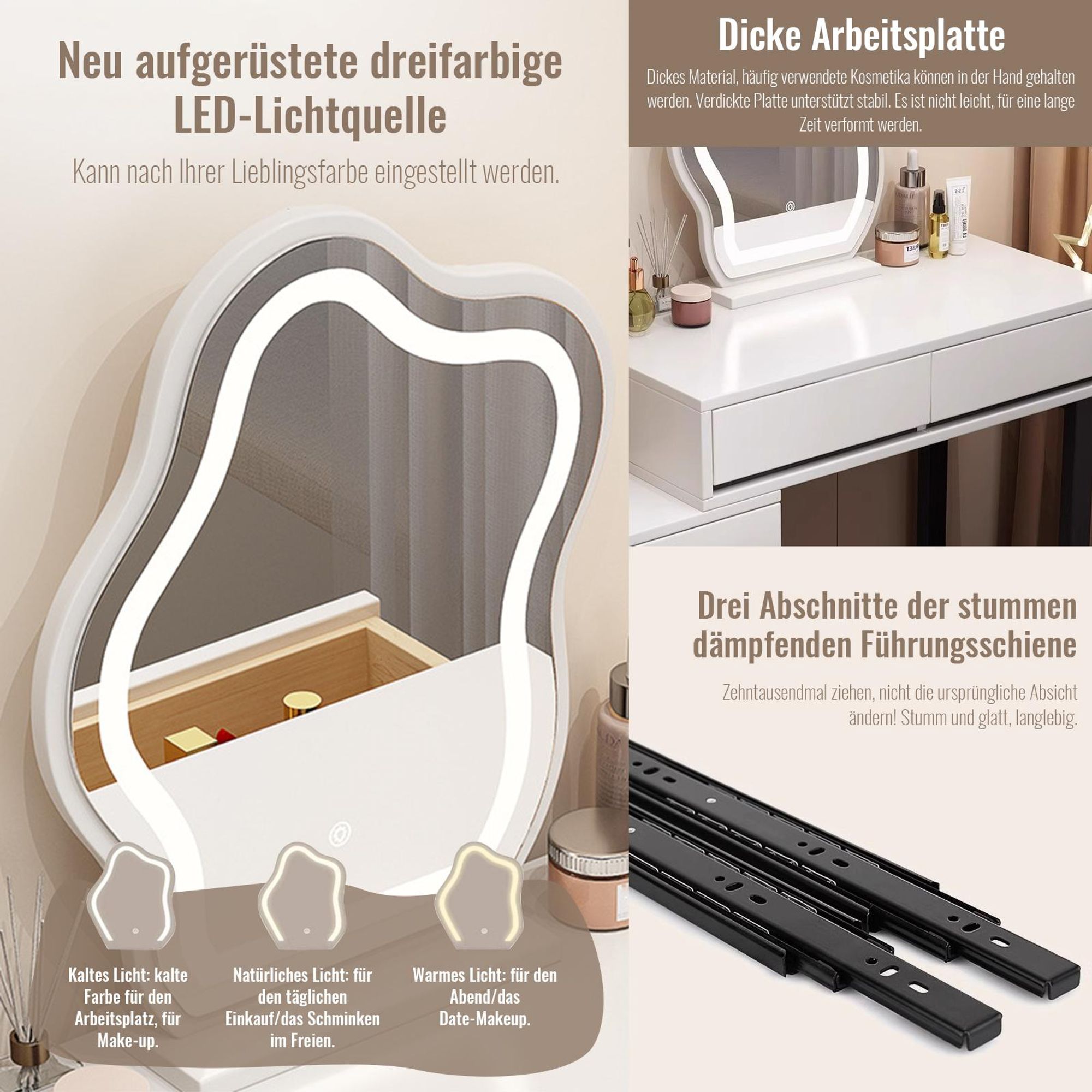 TWSOUL Schminktisch modern mit LED-Spiegel & viel Stauraum, 3-farbige Beleuchtung, ideal fürs Schlafzimmer