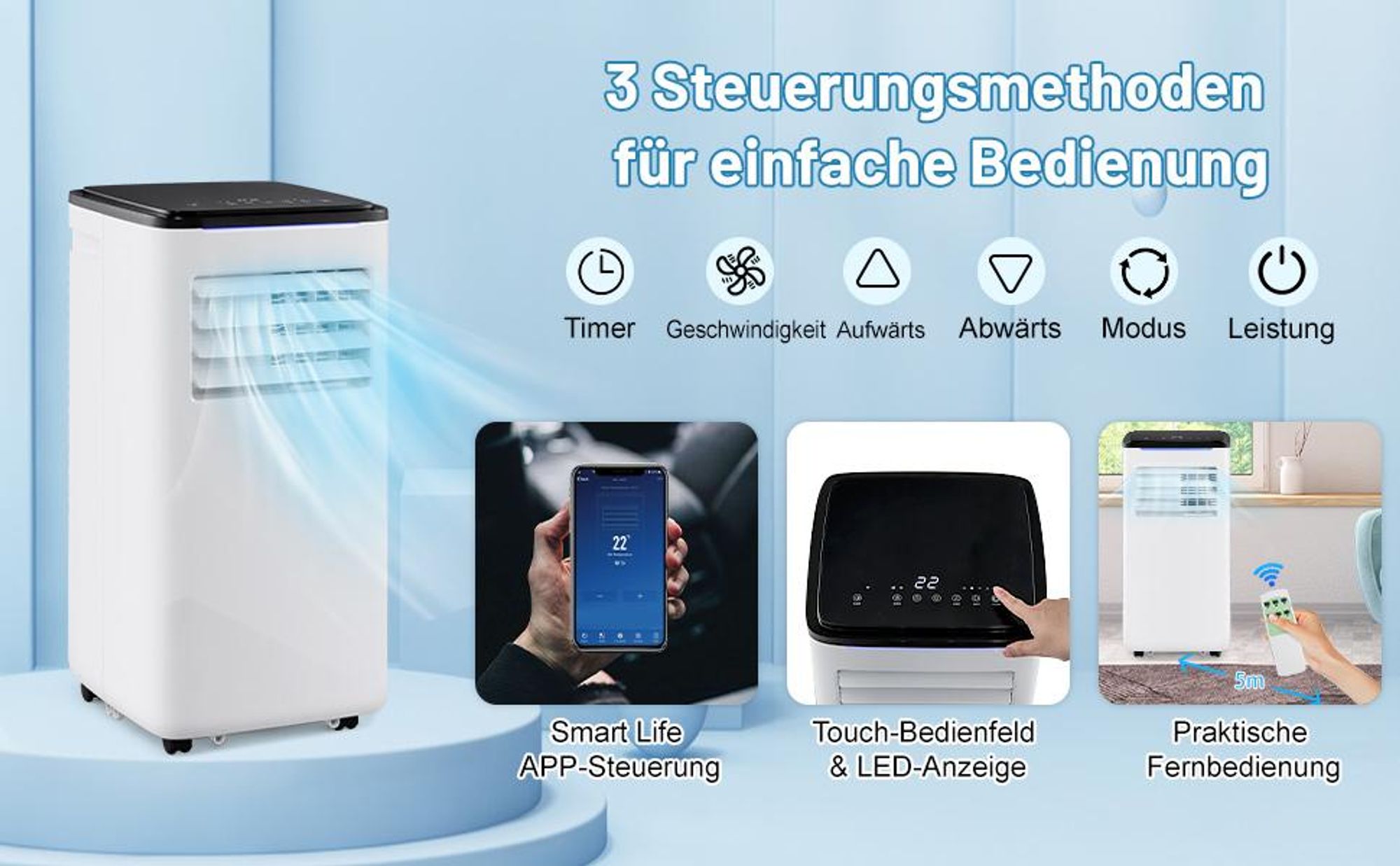 COSTWAY 9000 BTU mobile Klimaanlage, 4 in 1 Klimagerät inkl. Kühlen, Ventilator, Heizen & Entfeuchter mit Abluftschlauch, Schlafmodus, Fernbedienung