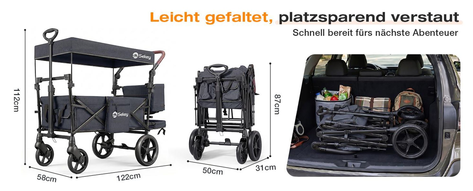 Sekey Bollerwagen Faltbar mit Dach Kinder Bollerwagen mit XXL-Rädern (24/20 cm), mit Zieh-/Schiebegriff, mit schwarz-weißer Paspelierung, Schwarz