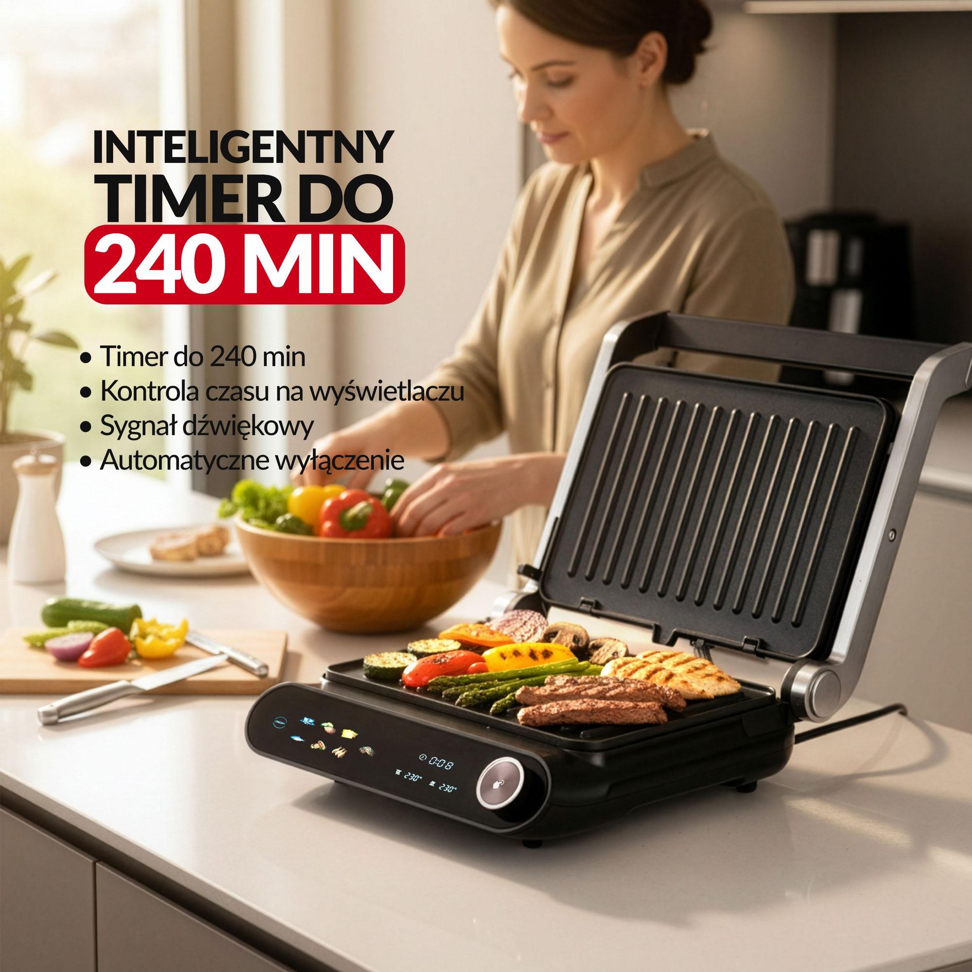 Grill elektryczny LEHMANN ROTTI, opiekacz do Panini, tostów, steków 2200W + programator czasu i temperatury 90 - 230℃, rozkładany, Lehmann LHOEG-2229