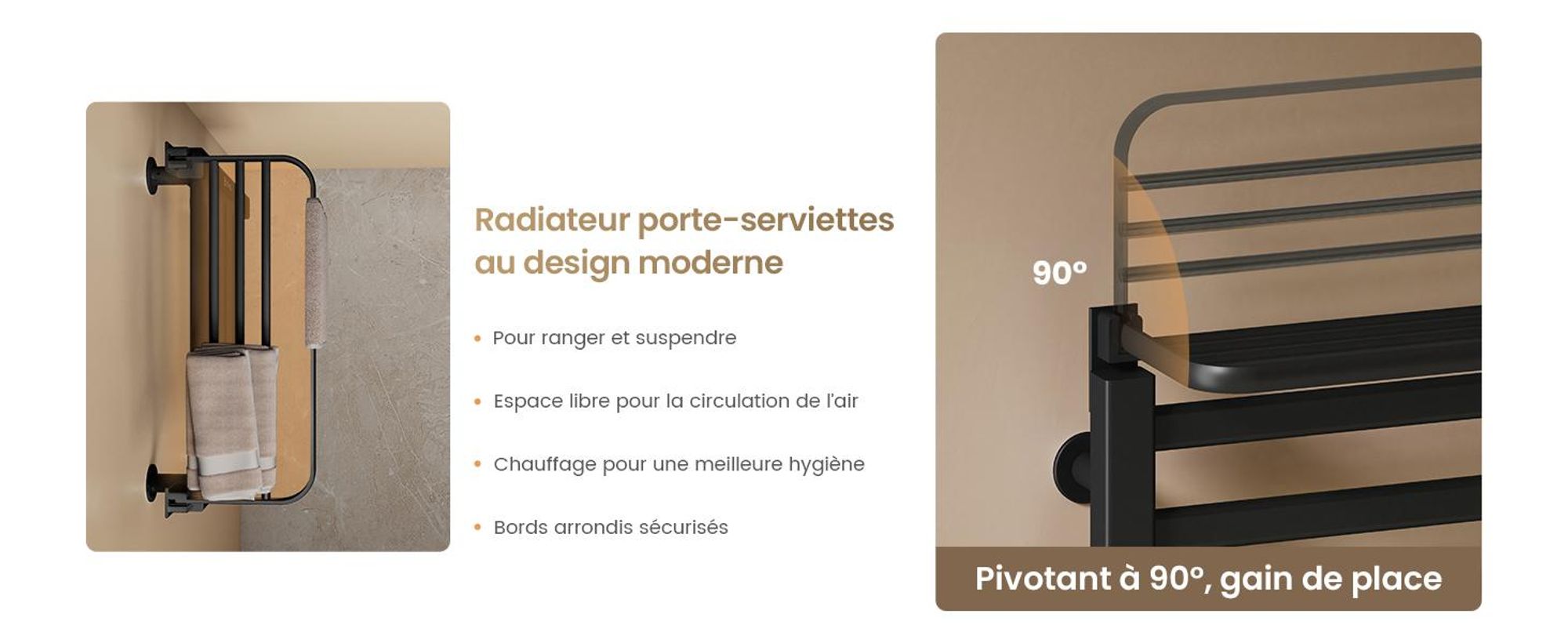 EMKE Sèche-serviettes électrique 500x500 mm, 140W, double rangée, tubes plats, étagère et crochets, WiFi Tuya Alexa, noir mat