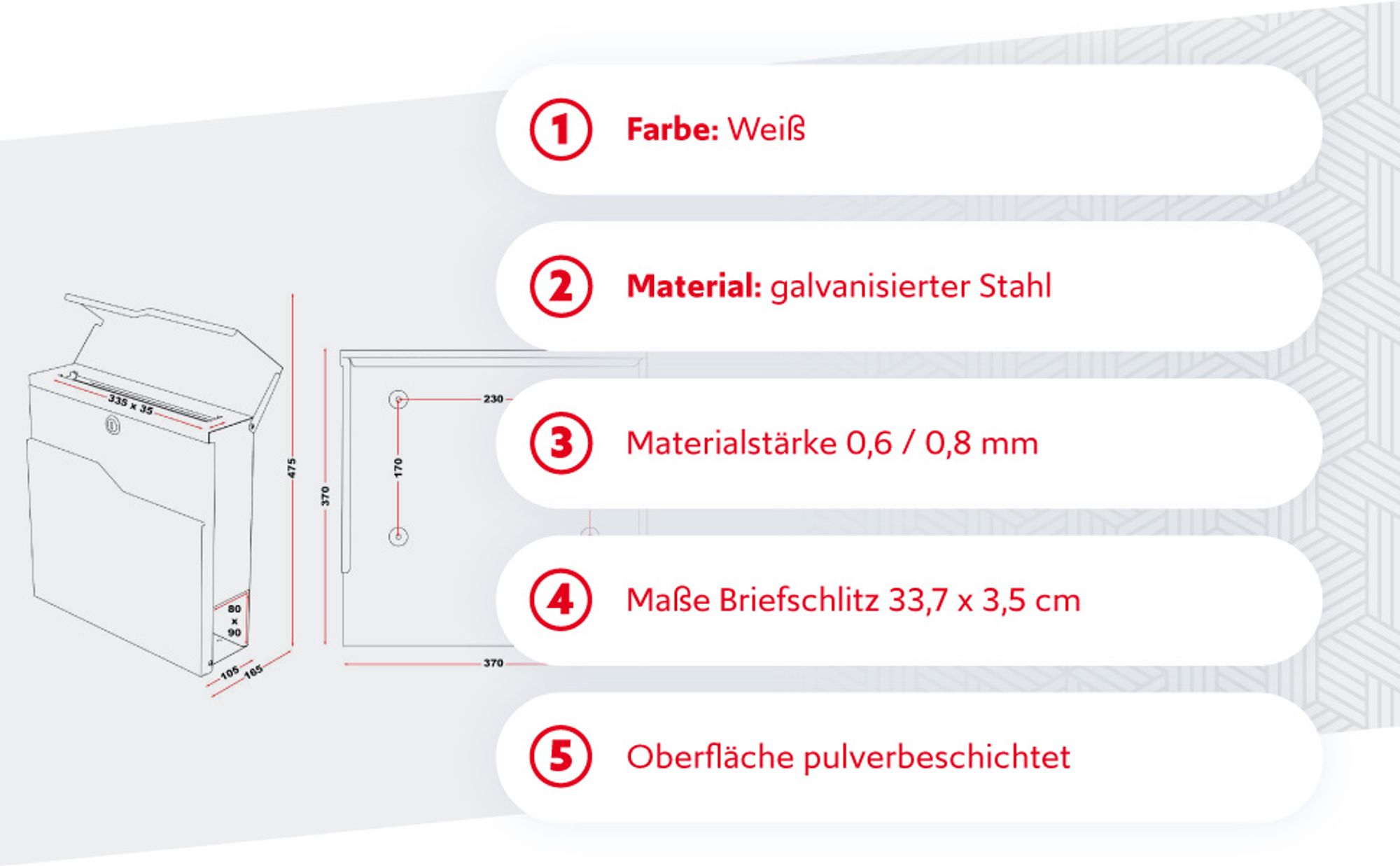 Wiltec Designer Briefkasten V19 weiß 370 x 102 x 370 mm, Wandbriefkasten mit Schloss und Zeitungsrolle, Postkasten aus pulverbeschichtetem Stahl