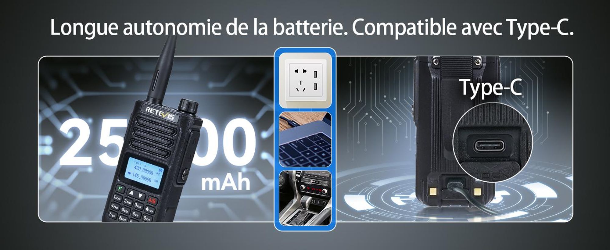 Retevis RA89 radio amateur, haute performance, IP68 étanche, bi-bande, VFO, batterie 2500 mAh, talkie-walkie rechargeable type C(2 pièces, noir)