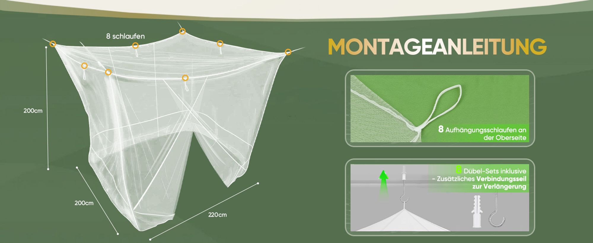 SEKEY Moskitonetz Bett für Doppelbett– 220x200x200cm(dubbele openingen）Großes Mückennetz für Reise und Zuhause, Feinmaschiges Fliegennetz mit Klebehak
