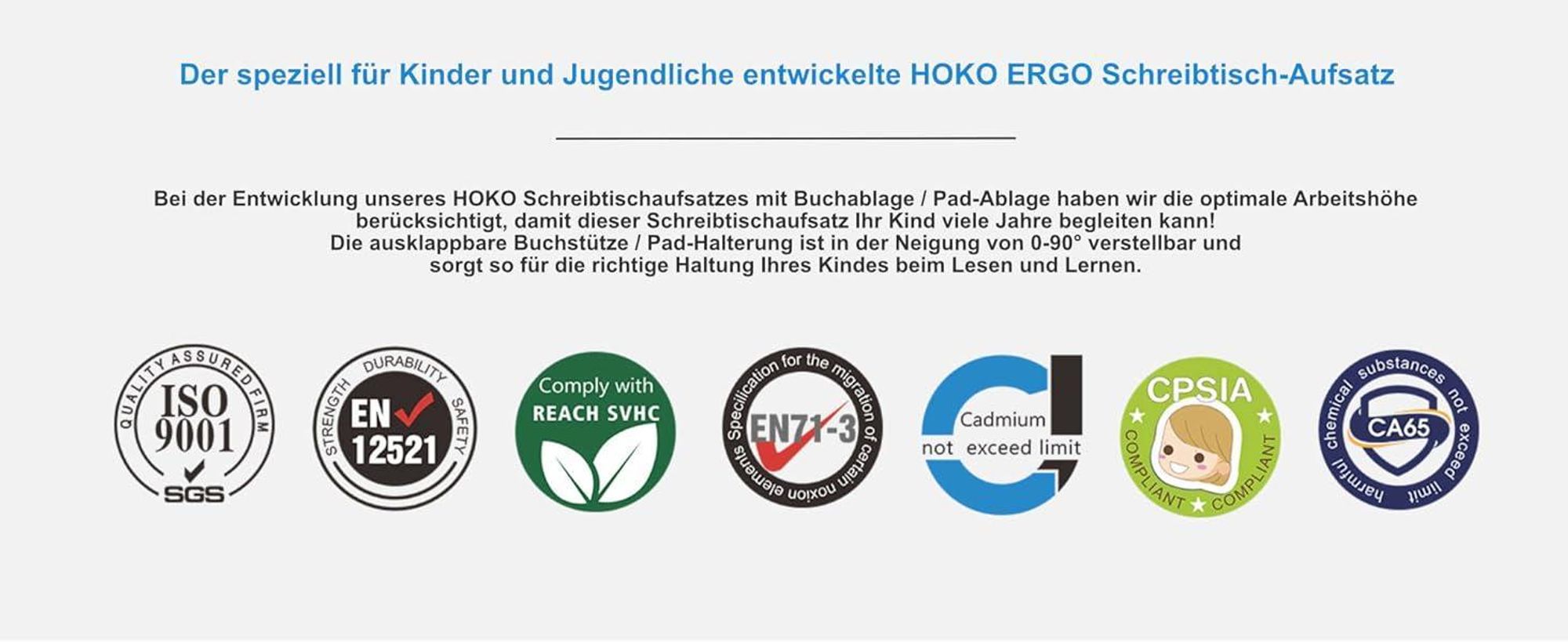 HOKO® ERGO rutschfeste Handballenauflage mit Buchstopper für Kinderschreibtisch, Farbe Grau. Ergonomische Handgelenkauflage für Kinder und Jugendliche
