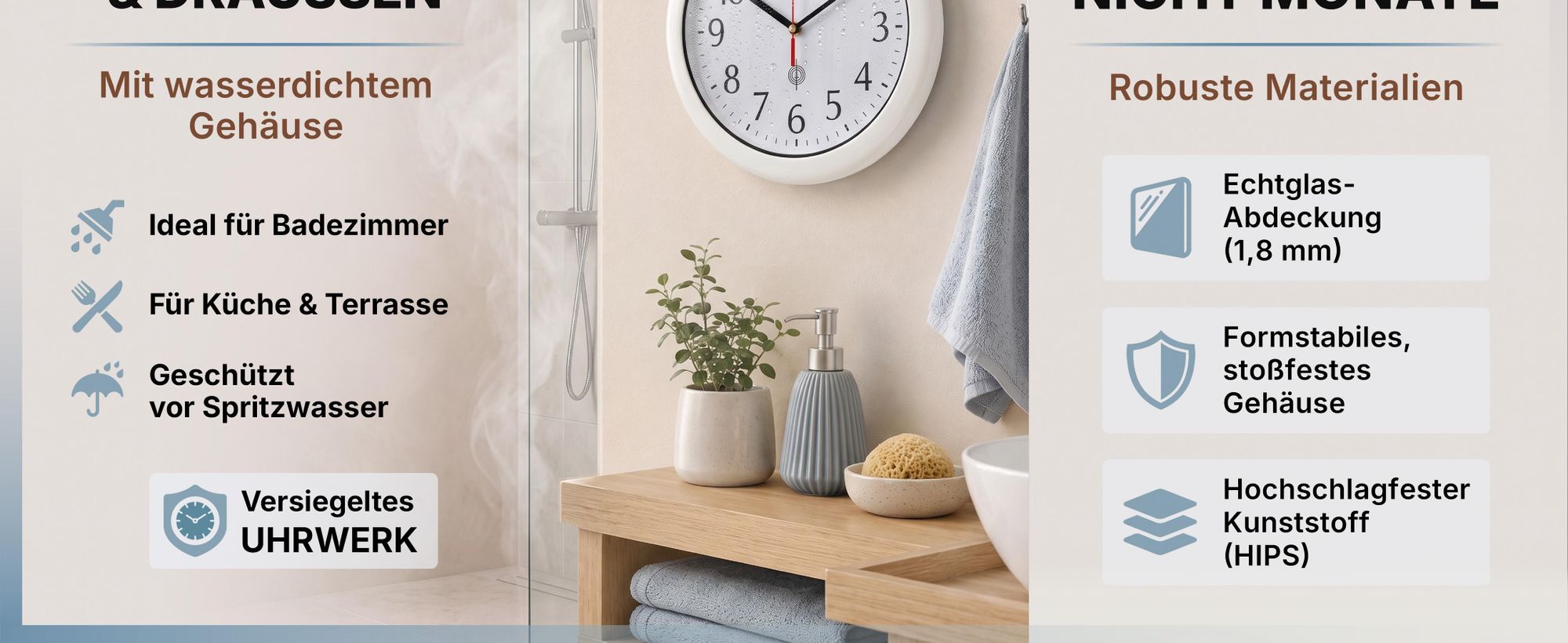 MONZANA® Wanduhr Funk Wasserdicht Groß 30cm Modern mit Batterien Küchenuhr Analog Zeitumstellung automatisch Haushalt Funkuhr Weiß