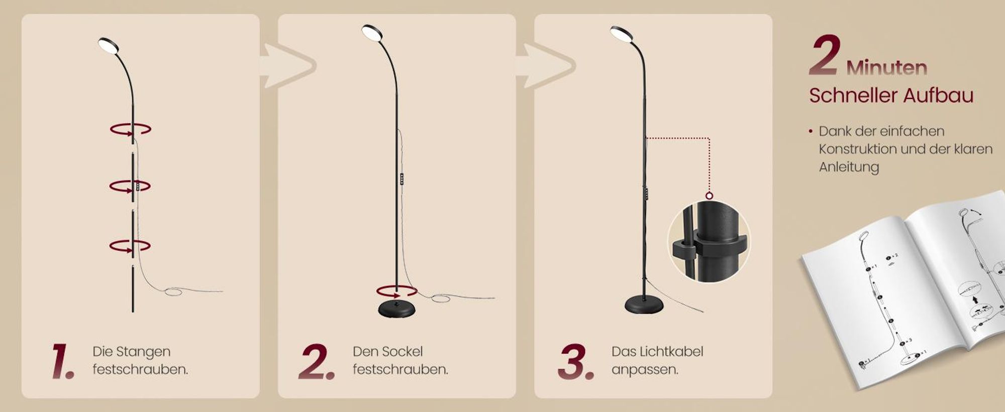 VASAGLE Stehlampe LED Dimmbar Leselampe 360° Drehbar für Wohnzimmer 22 x 22 x 170 cm Schwarz