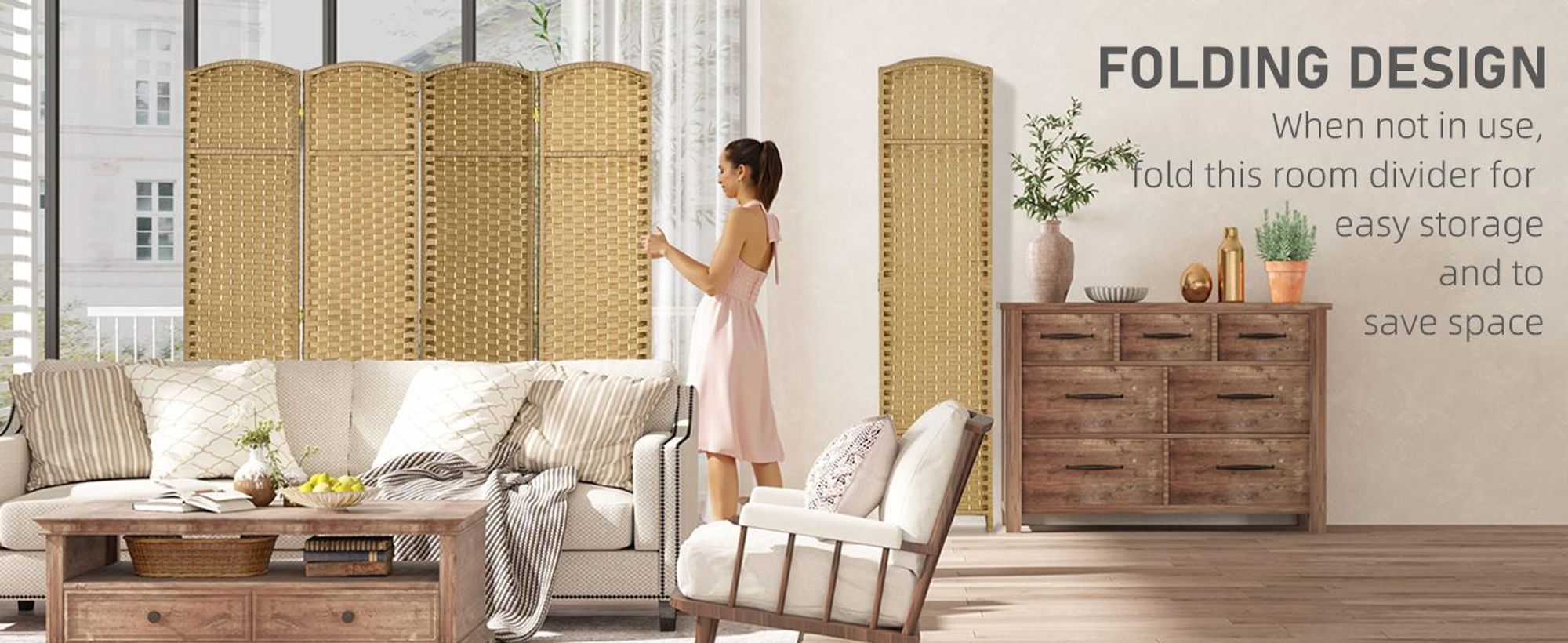 HOMCOM Parawan 4-częściowy 160 x 170 cm, przegroda z naturalnego drewna sosnowego