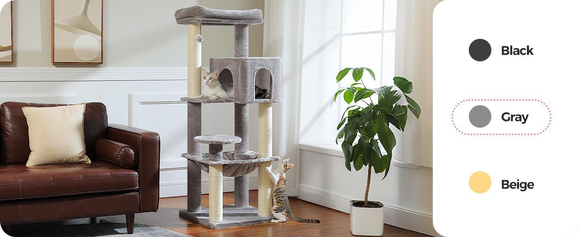 PURPURRA Großer Kratzbaum mit verstärkten Kratzstämmen (φ 8,1 cm) für große ausgewachsene Katzen, 13.6 kg, 146.8 cm