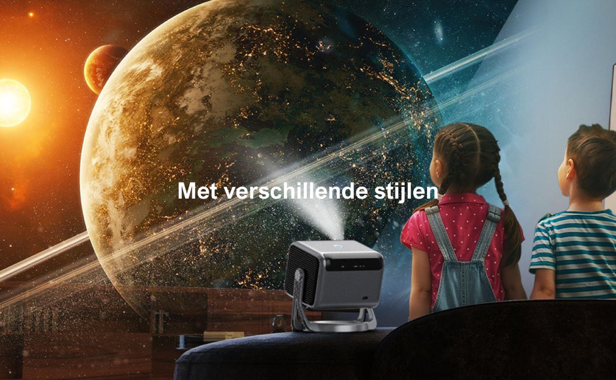 ULTIMEA Nova C40 beamer met 4K-decodering en Android TV 11.0. Beamer met een contrastratio van 1000:1, Dolby Audio, 600 ANSI lumen, HDR10 & HLG, en een 90° gimbal ontwerp zonder statief nodig