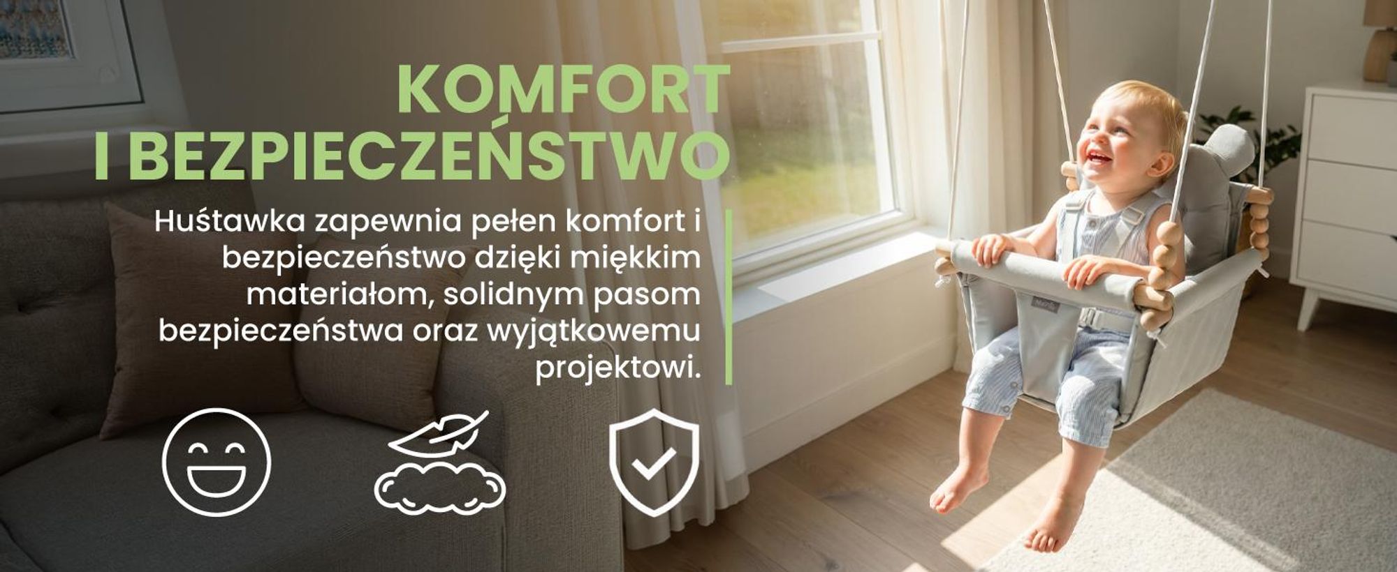 Bawełniana huśtawka dla dzieci w kolorze szarym z poduszką, na sznurkach