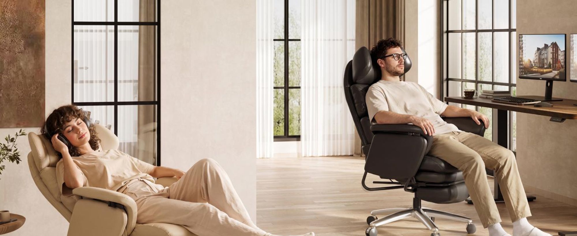 FLEXISPOT HC4 Pro 3-in-1 Chefsessel Bürostuhl mit 165° Liegefunktion, 3D-Kopfstütze, kratzfestem & wasserabweisendem Kunstleder und Fußstütze (Beige)