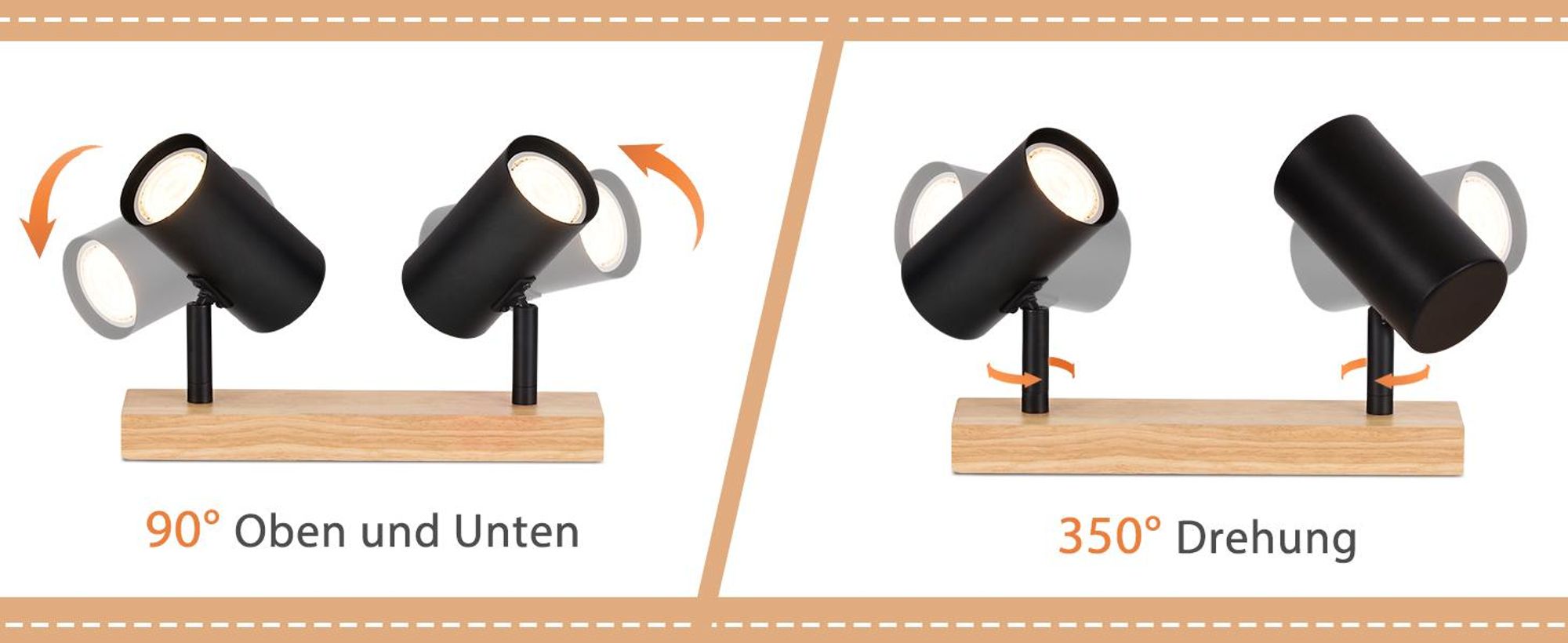 ZMH Deckenleuchte Schwarz Deckenstrahler 2 Flammig Holz Deckenlampe GU10 Deckenspots Schwenkbar 350° Spotslight für Wohnzimmer Schlafzimmer Küchen Korridor Esszimmer