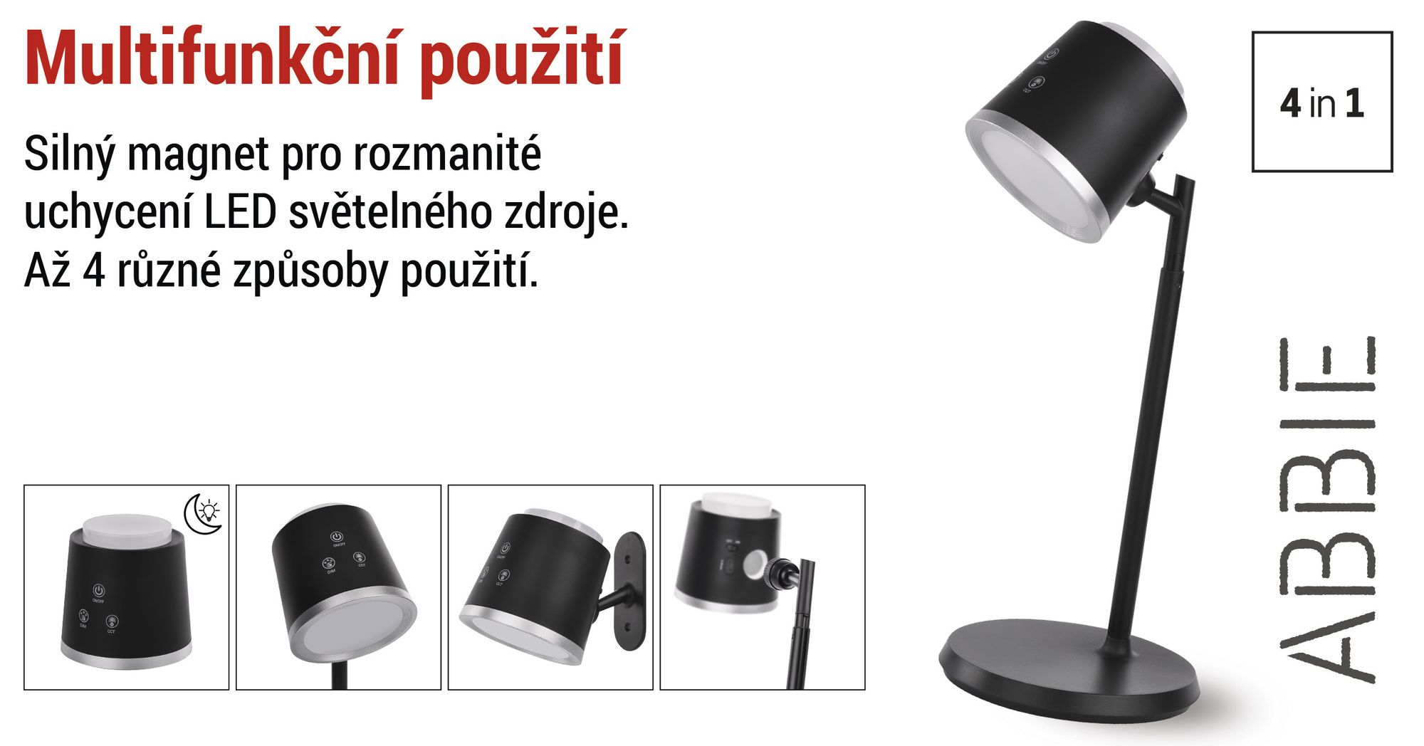 EMOS LED nabíjecí stolní lampa 4v1 ABBIE 6W, 300lm, 1500mAh Li-Ion s dobou svícení 33h, stmívatelná, nast. barva světla, 1,3m kabel USB, černá, Z7636B