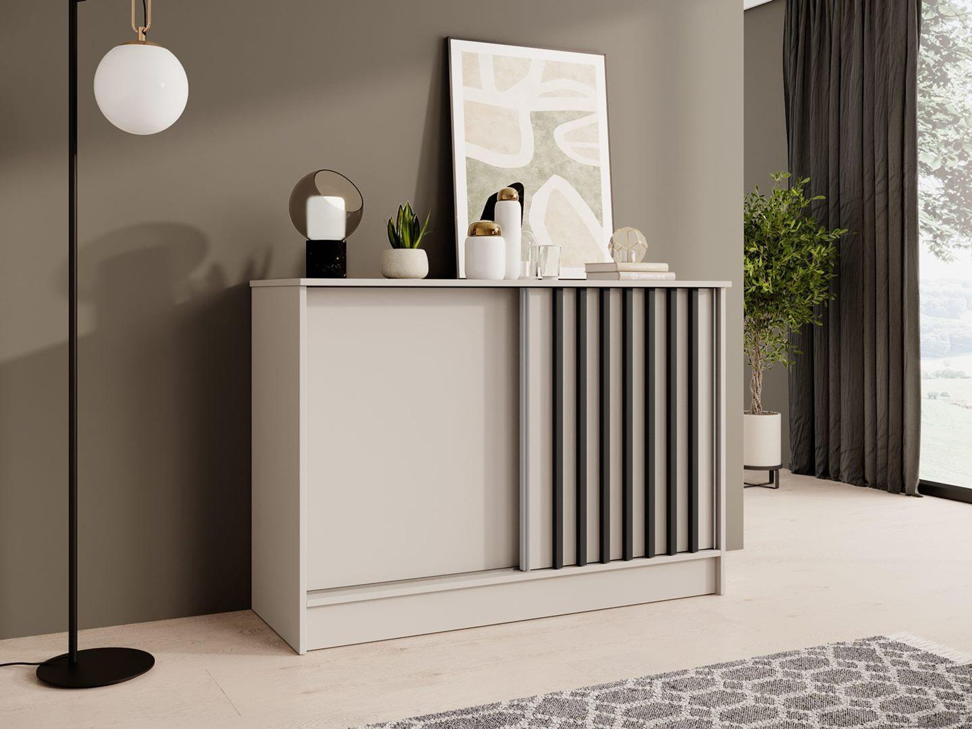 BEAUTYSOFA | Kommode HORIZON 120 cm Kaschmir, Schwarz mit Lamellen Sideboard mit 2 Schiebetüren, Modernes Design, viel Stauraum