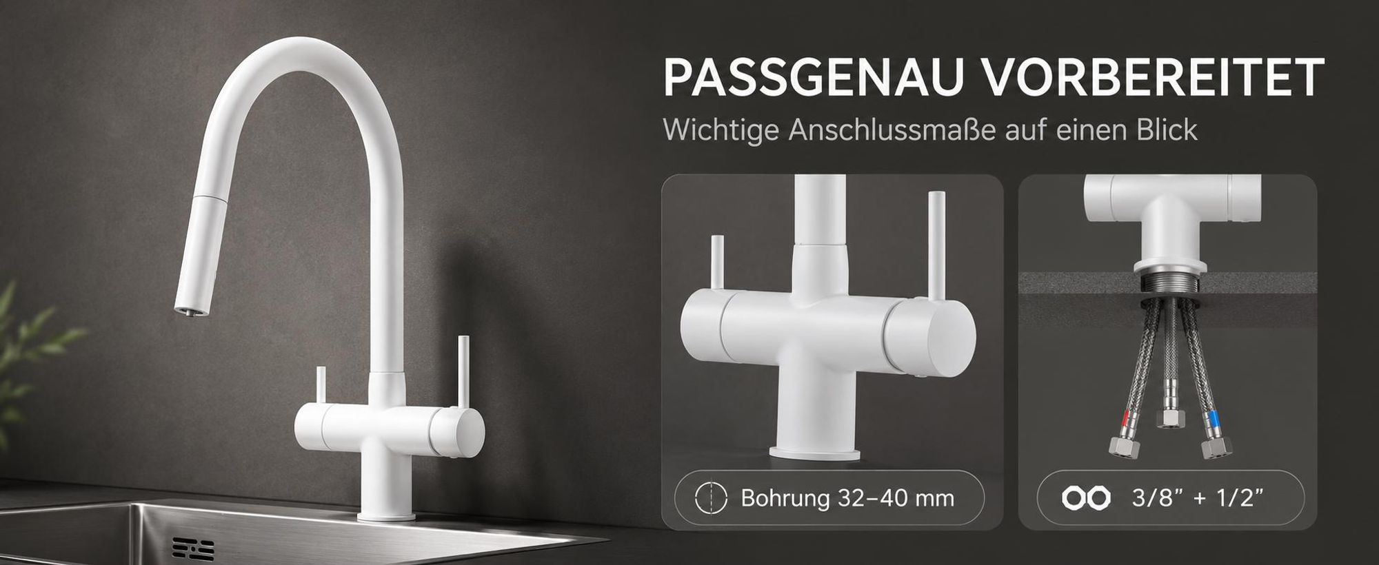 Ari Slender 3-Wege Küchenarmatur Schwarz Matt Mit Ausziehbrause, Filterwasser-Auslauf, 360° Drehbar, Messingkörper, 2 Hebel