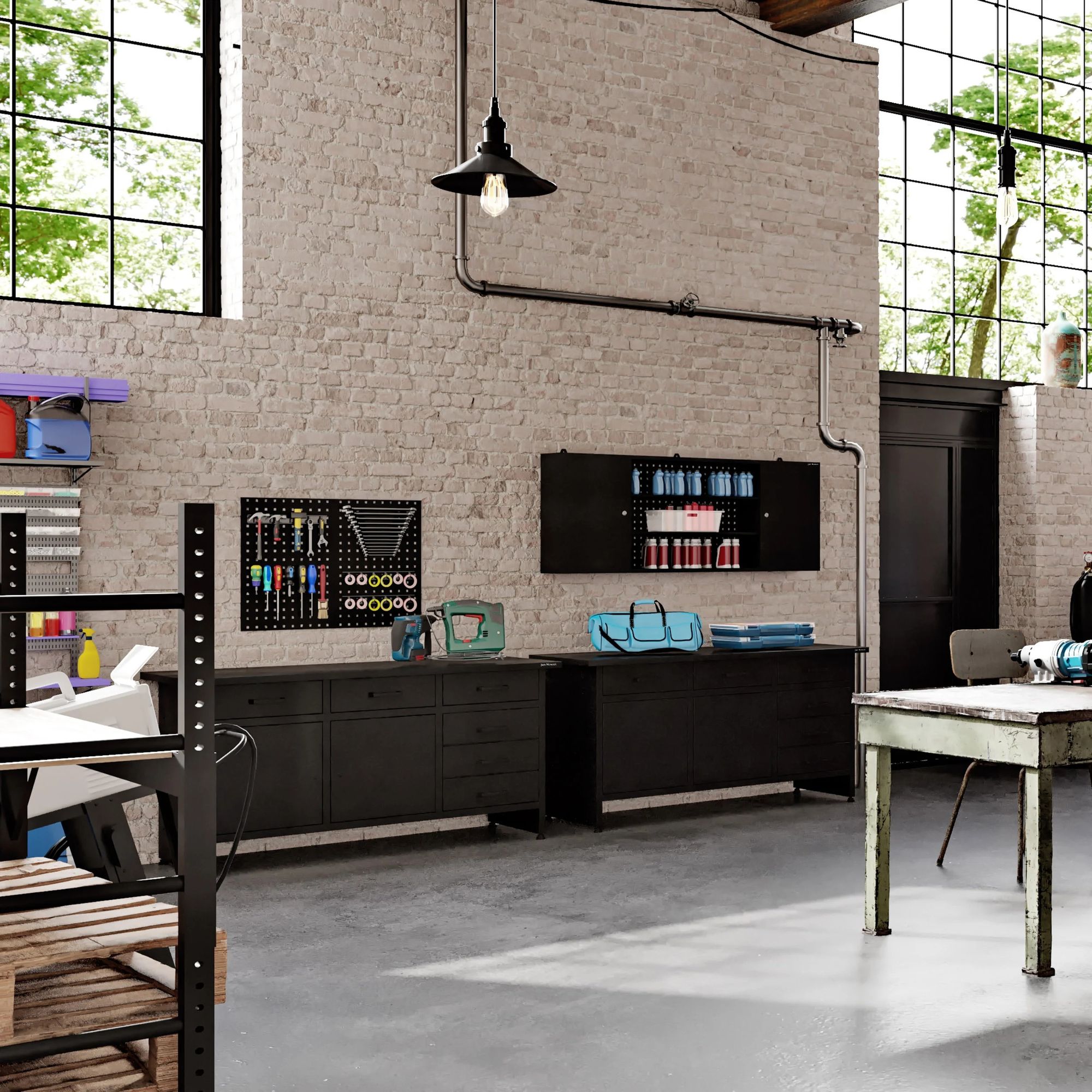Werkbank mit Arbeitsplatte Werktisch mit 6 Schubladen 2 Schließfächer Verstellbare Füße MDF-Arbeitsplatte Belastbar bis 500 kg Metall 170 cm x 60 cm x 85 cm Farbe: Schwarz