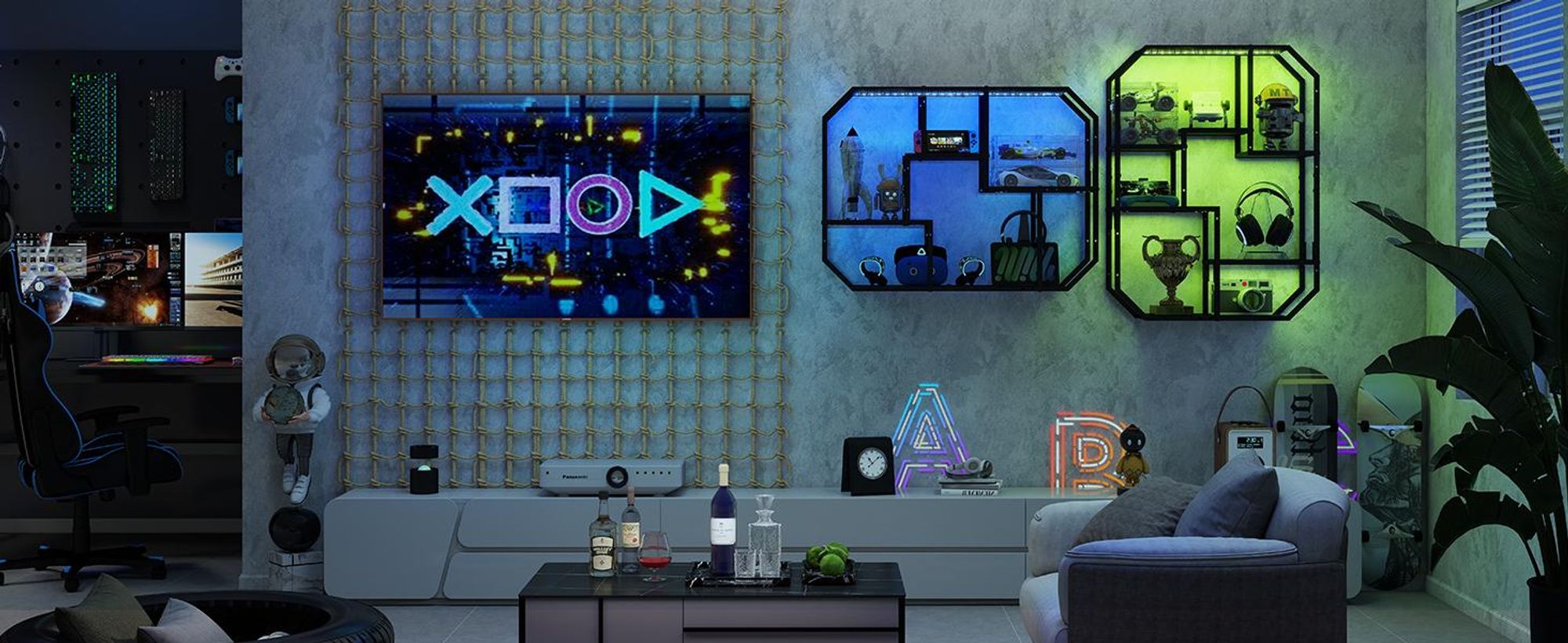 Puluomis LED Wandregal mit Musik-Modus 85x63cm, Beleuchtetes Regal mit 7 Farben 58 Modi, Wand- oder Bodenmontage mit Anti-Kipp, Für Wohnzimmer Bar