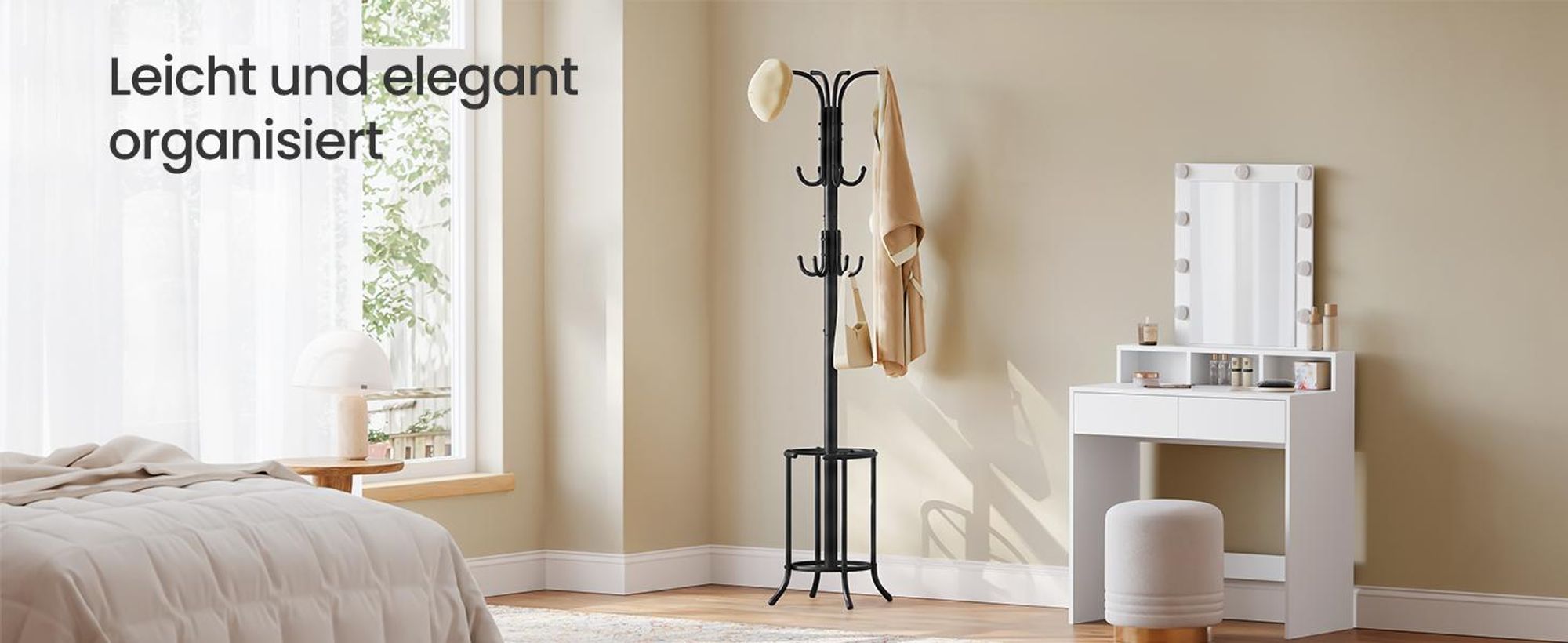 SONGMICS Kleiderständer freistehend, mit Regenschirmständer, 12 Haken, Metall, 175 cm hoch, für Flur, Wohnzimmer, Schlafzimmer, tintenschwarz