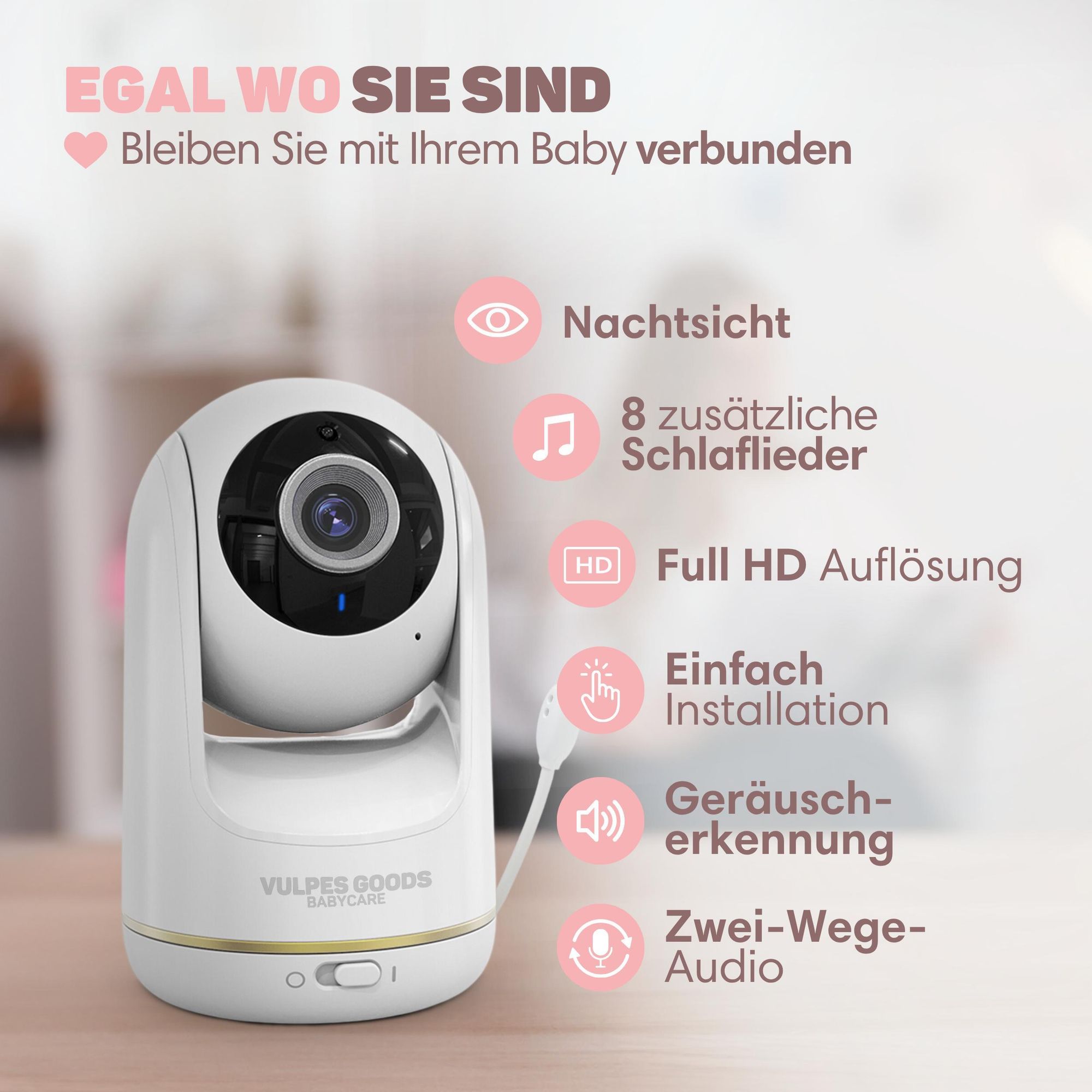 Vulpes Goods Babyphone mit Kamera, Babyphone mit Geräuscherkennung, 5" FULL HD Bildschirm, Ferngesteuert, Infrarot-Nachtsichtkamera