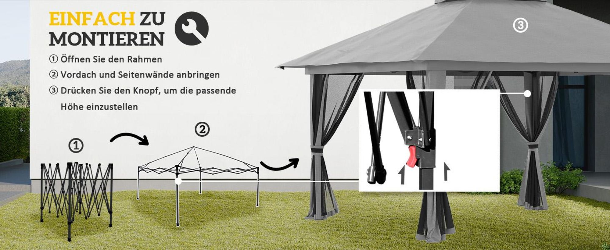 Outsunny Faltpavillon 4 x 4 m, Gartenpavillon mit 4 Netzwänden, UV-Schutz Grau