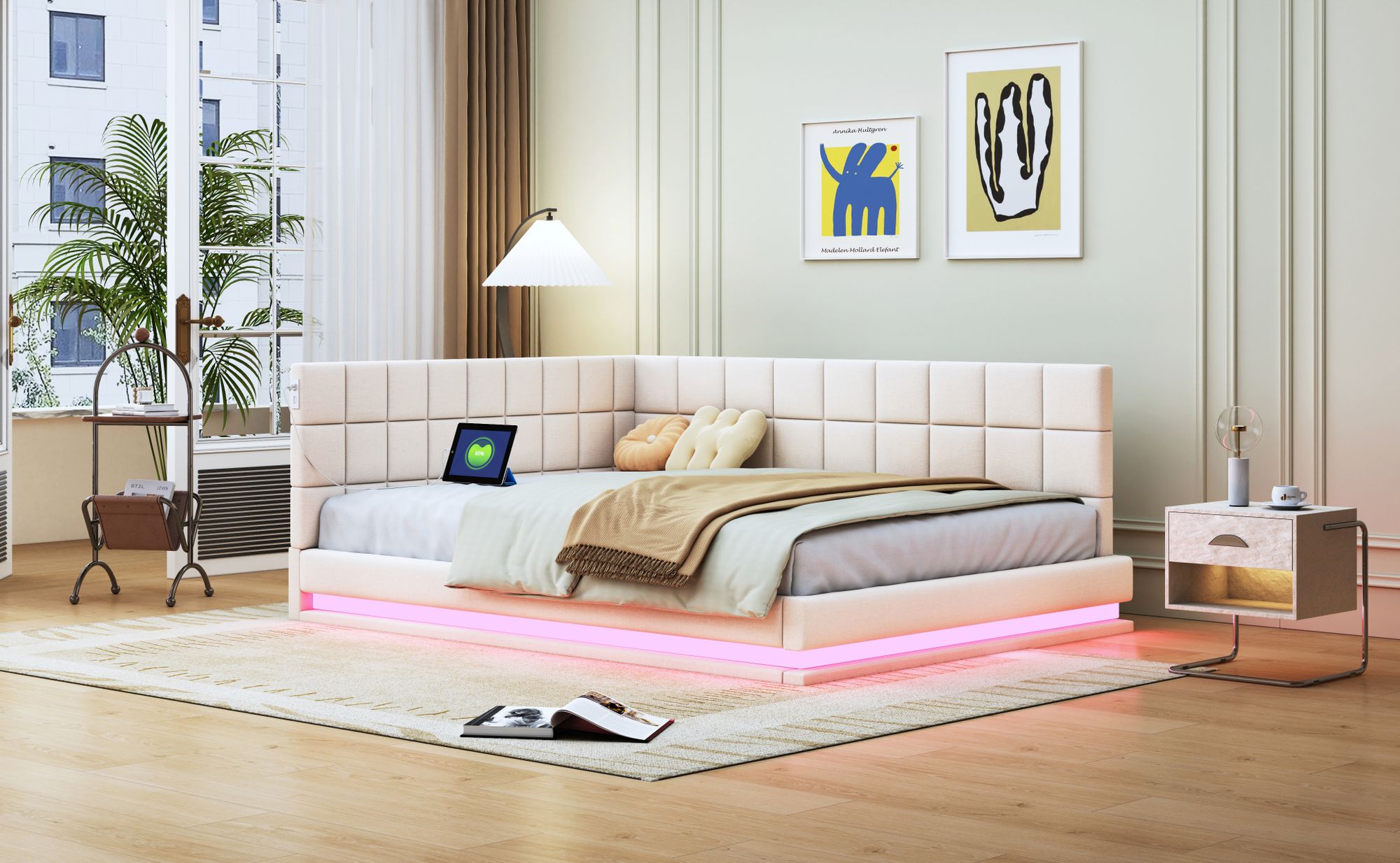 okwish Polsterbett 140×200 mit LED und USB Steckdos, Tagesbetten mit Lattenrost,Samtstoff, Schlafsofa in Beige,Ohne Matratze