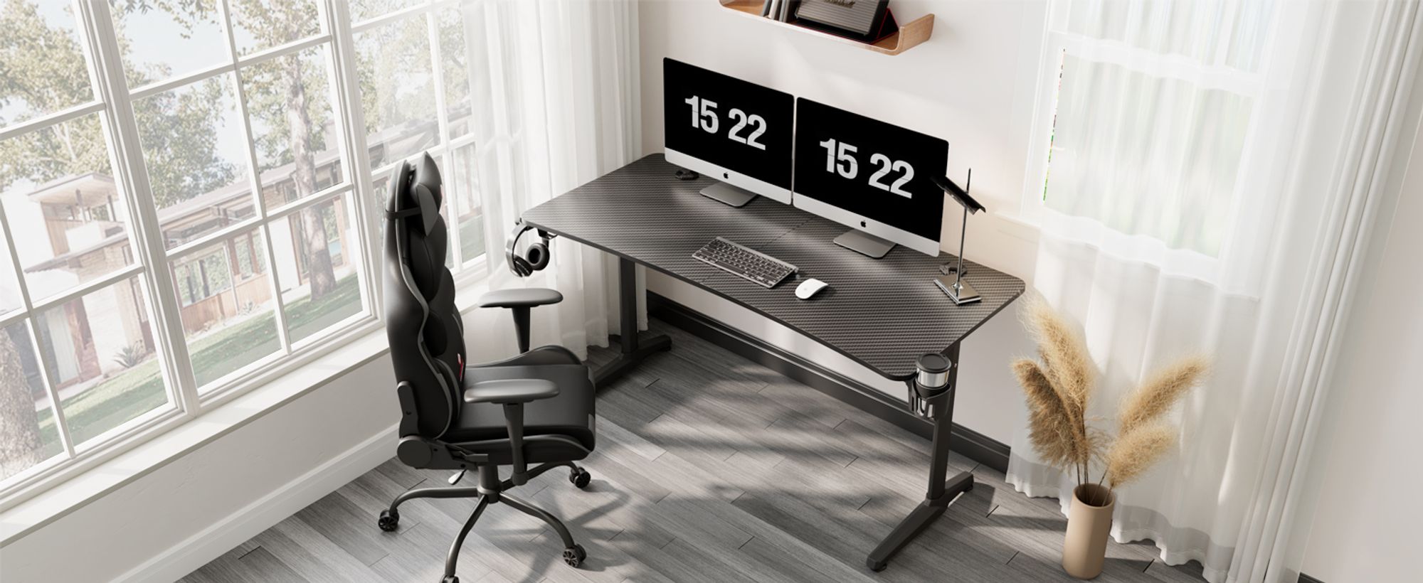 EUREKA ERGONOMIC Gamingtisch 152×70cm Gaming Schreibtisch Großer Computertisch Ergonomischer PC Tisch mit Kopfhörerhaken und Getränkehalter