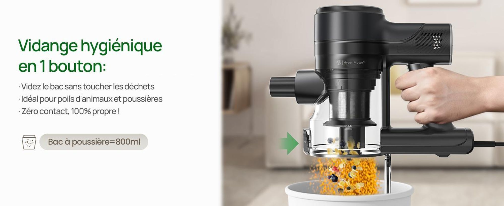 Vactidy C6 Aspirateur avec cordon, cordon de 7m/1.7kg/30000Pa/600W, réservoir à poussière de 800mL Aspirateur à manche, vidage à un seul bouton, aspir