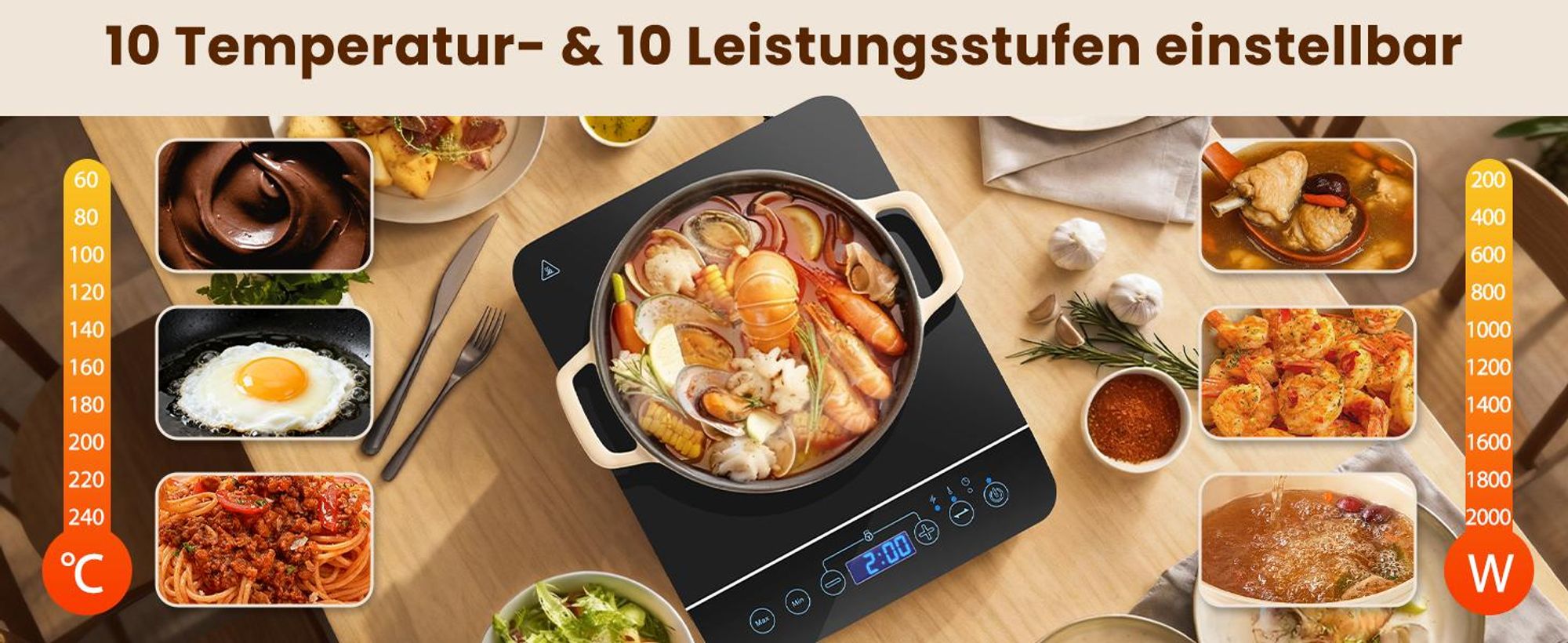 Aigostar Induktionskochfeld/10 Leistungsstufen/200W-2000Watt/Temperaturbereich 60-240℃/LED Display/Schwarz