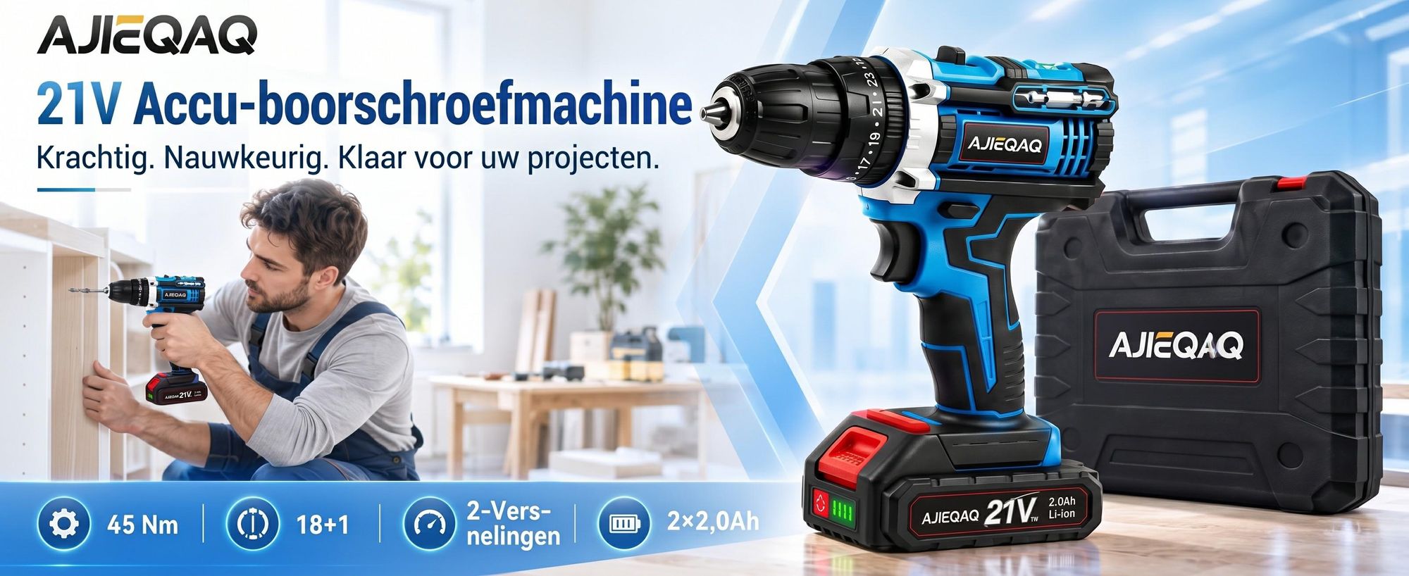 Accuschroevendraaier 21V set, accu-klopboormachine met 2×2,0Ah Li-Ion accu, 45Nm, 2 versnellingen, LED-werklicht, accessoires en koffer