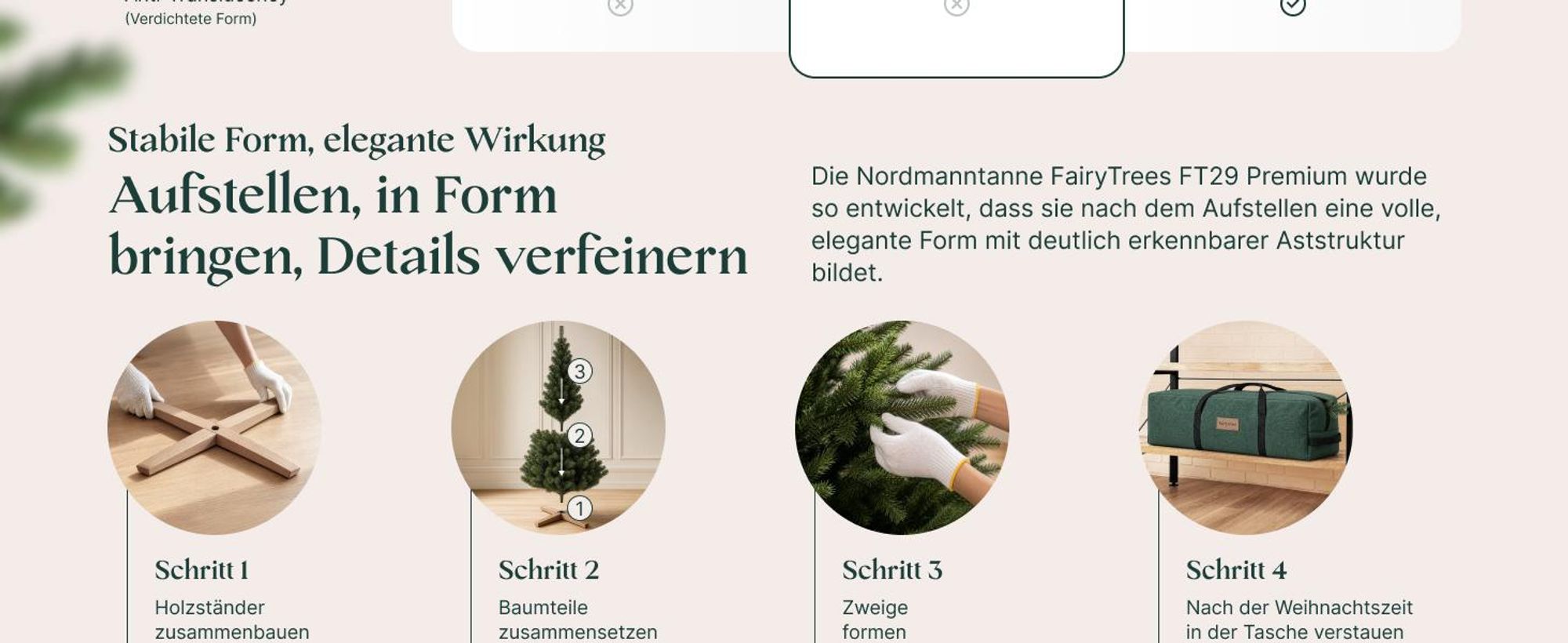 FAIRYTREES Weihnachtsbaum künstlich, Nordmanntanne Premium 150 cm, Naturgetreue Spritzguss Elemente,  EU, Künstlicher Weihnachtsbaum mit handgefertigtem Ständer aus Eschenholz