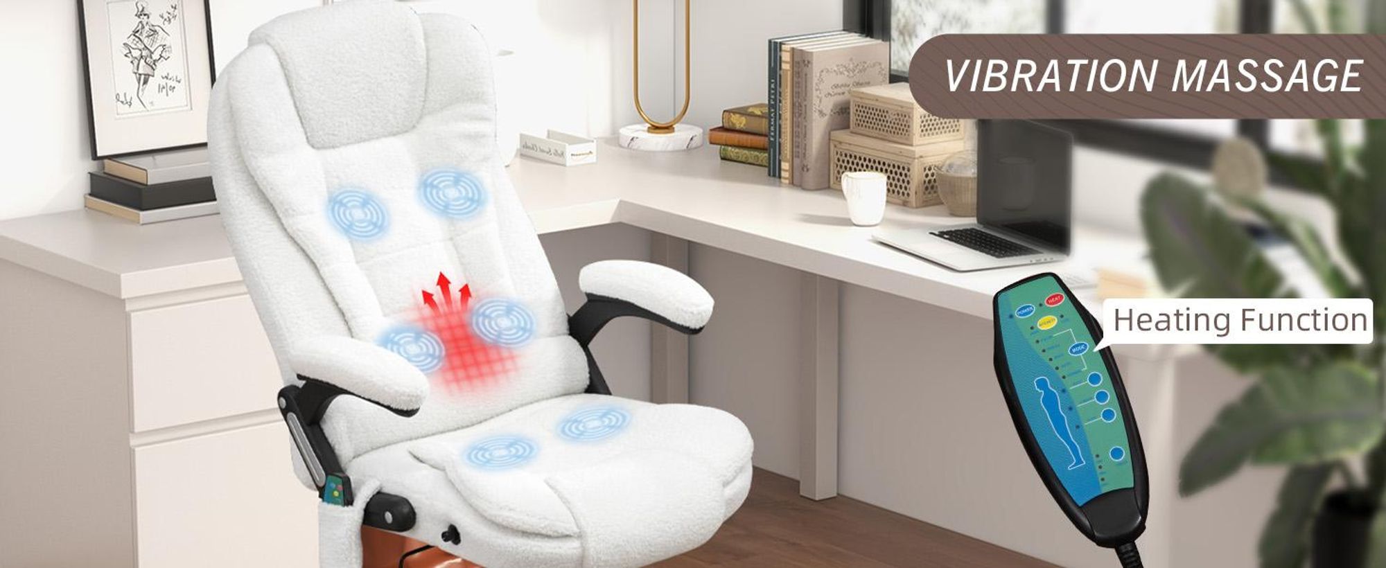 Fotel biurowy Vinsetto z funkcją masażu. Ergonomiczny fotel gabinetowy z funkcją podgrzewania, odchylania i bujania. Regulowana wysokość, obrotowy o 360°. Fotel komputerowy z kieszenią boczną, welurowy wygląd, biały.