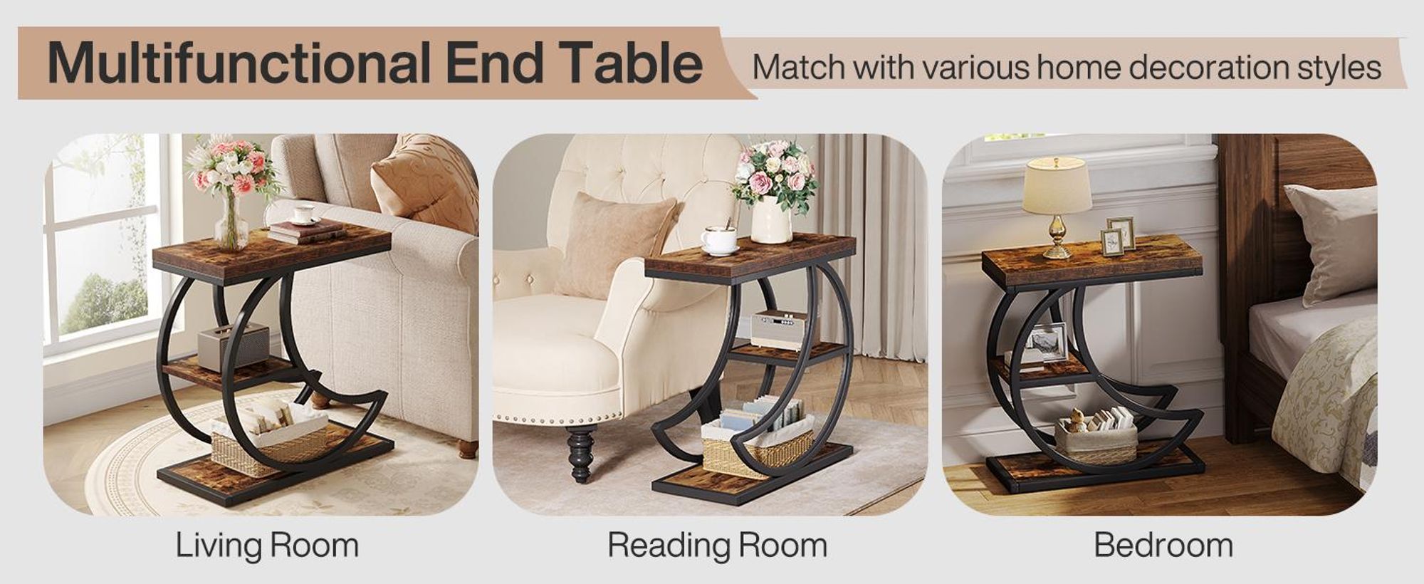 Tribesigns 3-Tier Beistelltisch, Industrielle Beistelltische mit 3 Ablageflächen, Couchtisch Sofatisch mit halbmondförmigem Metallrahmen, Braun